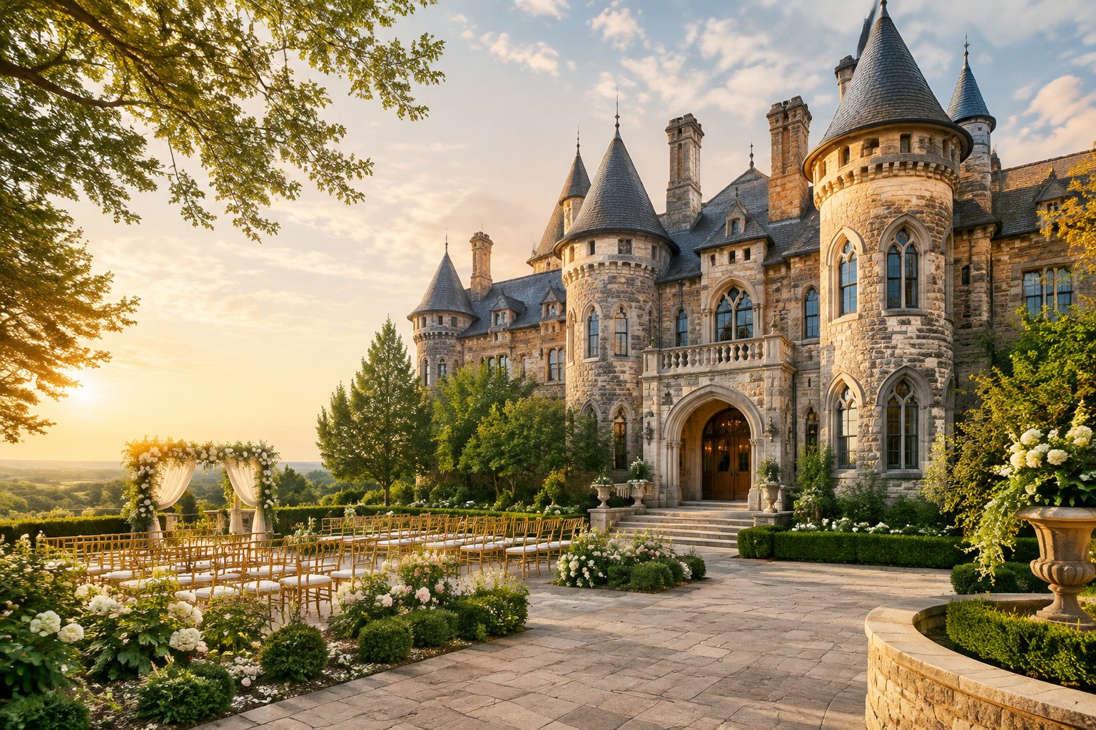 A historic castle wedding venue surrounded by gardens, flowers, and outdoor ceremony seating.