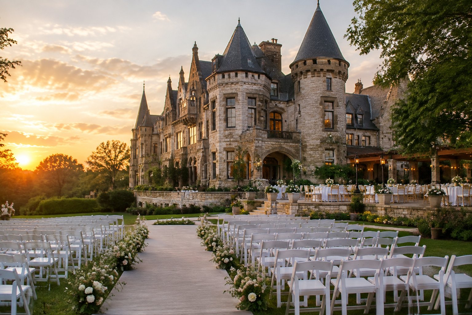 A wedding ceremony setup on the grounds of a historic castle-inspired estate in Georgetown.