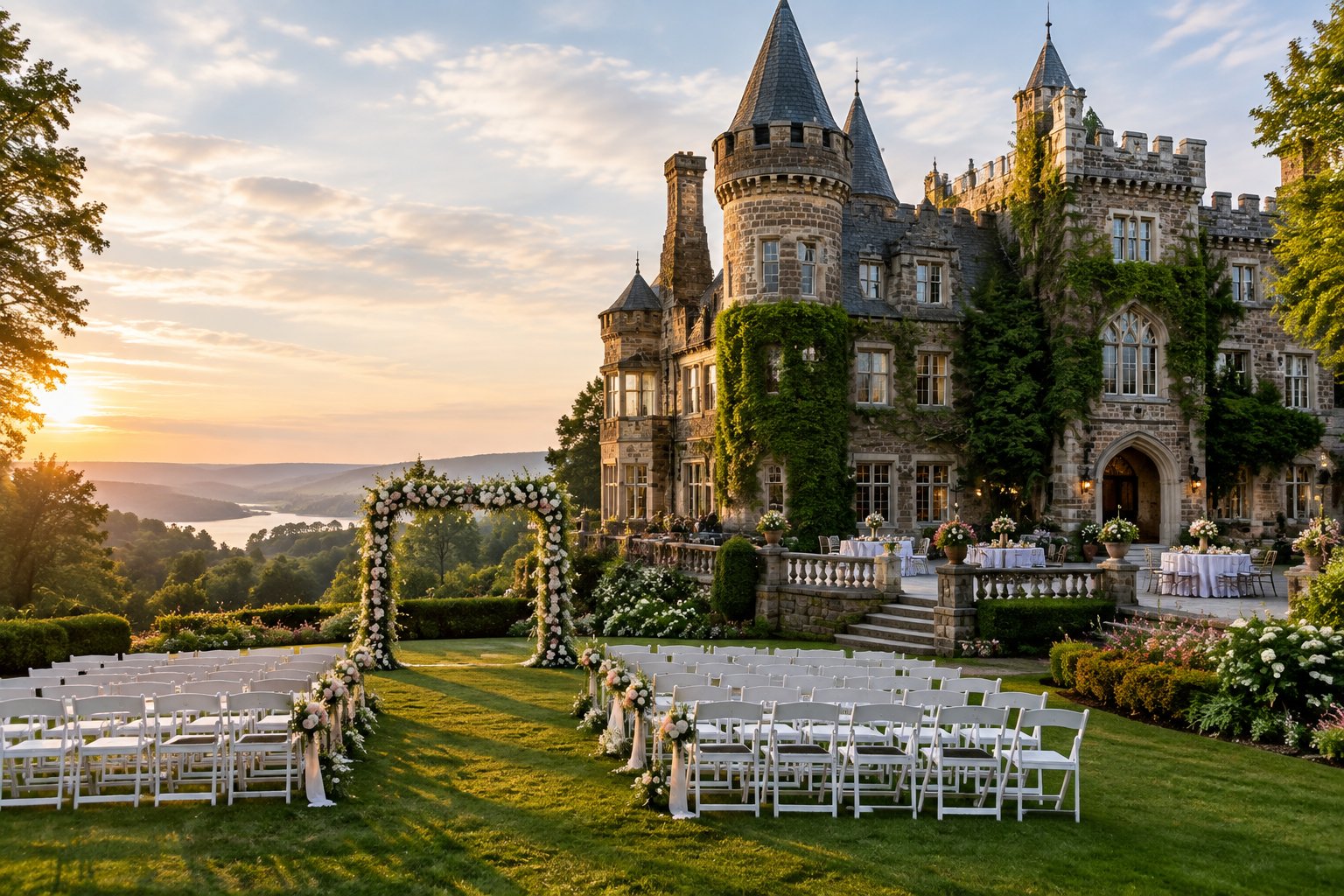 A grand stone castle wedding venue surrounded by gardens with an outdoor ceremony setup.