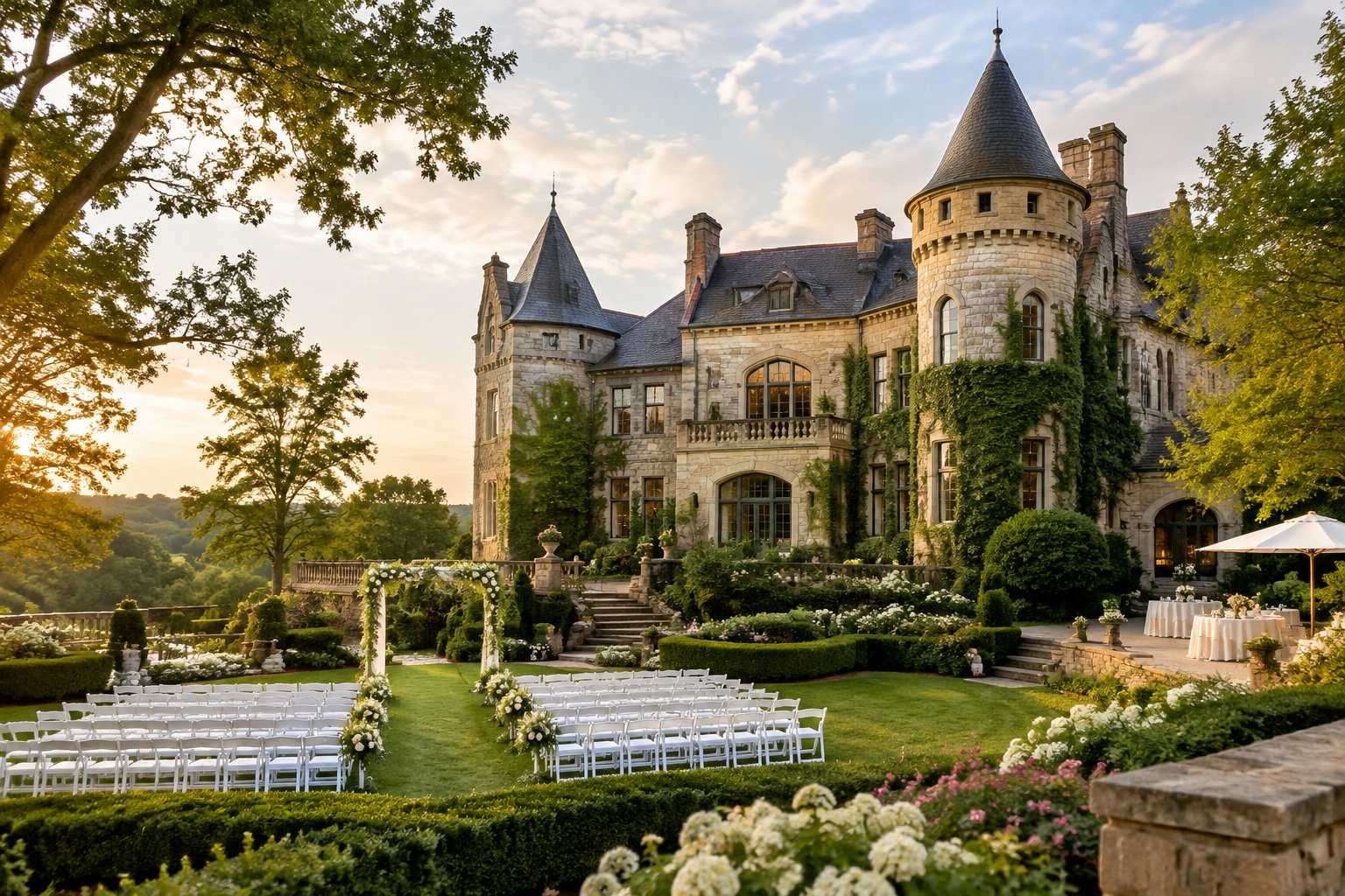 A stone castle-inspired wedding venue surrounded by gardens with an outdoor ceremony setup.