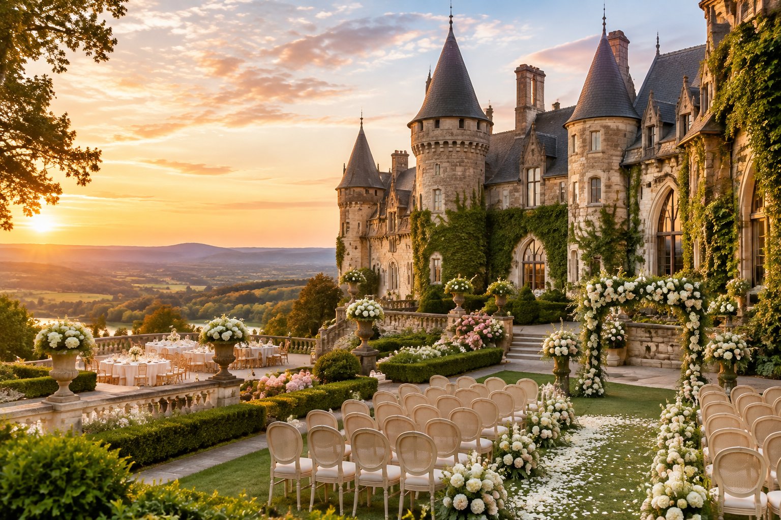 A castle wedding ceremony setup in a landscaped garden at golden hour.