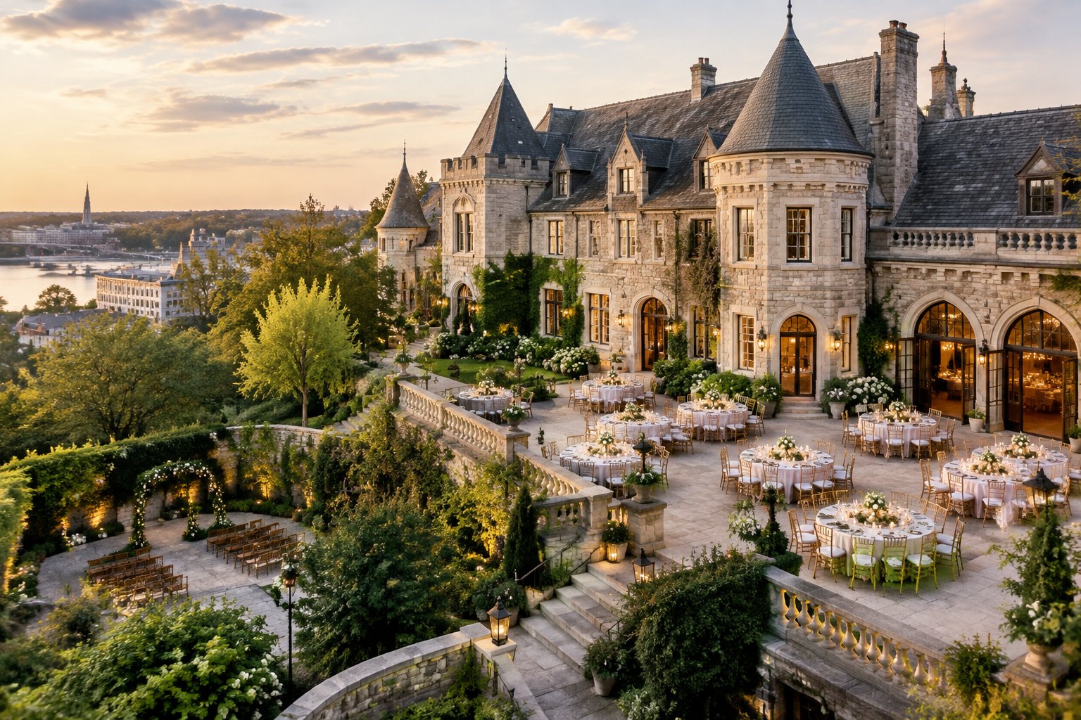 A castle-style wedding venue in Georgetown with a grand reception terrace and an intimate garden ceremony area.