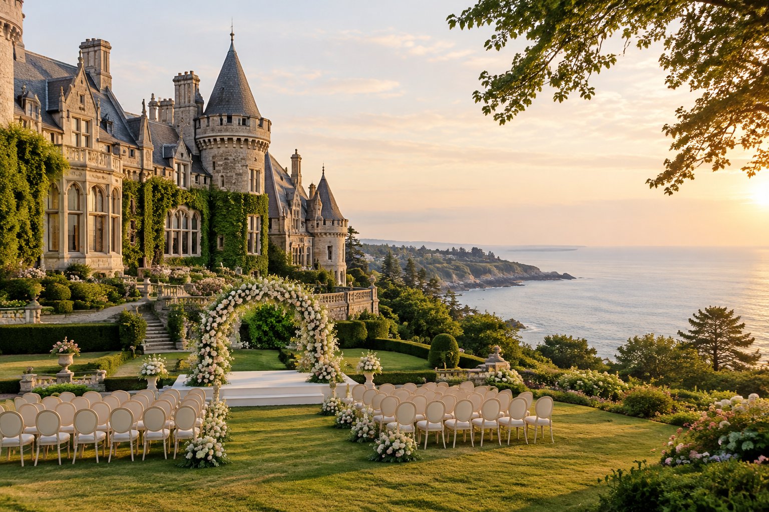 A historic stone castle wedding venue stands beside the northeastern coast, surrounded by gardens and an outdoor ceremony setup.