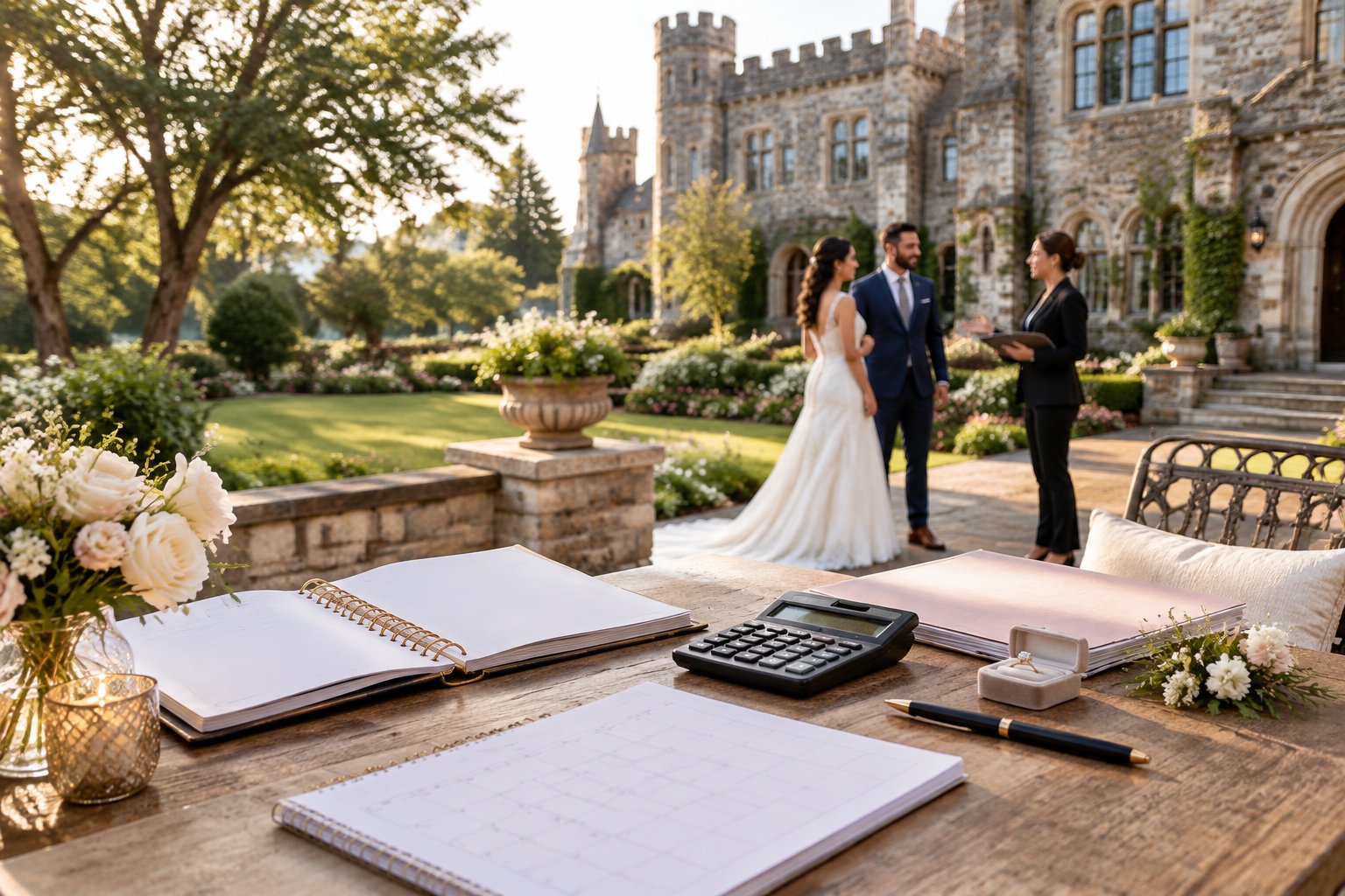 A couple discusses wedding plans with a venue coordinator outside a historic castle, with a planner, calendar, and calculator on a nearby table.