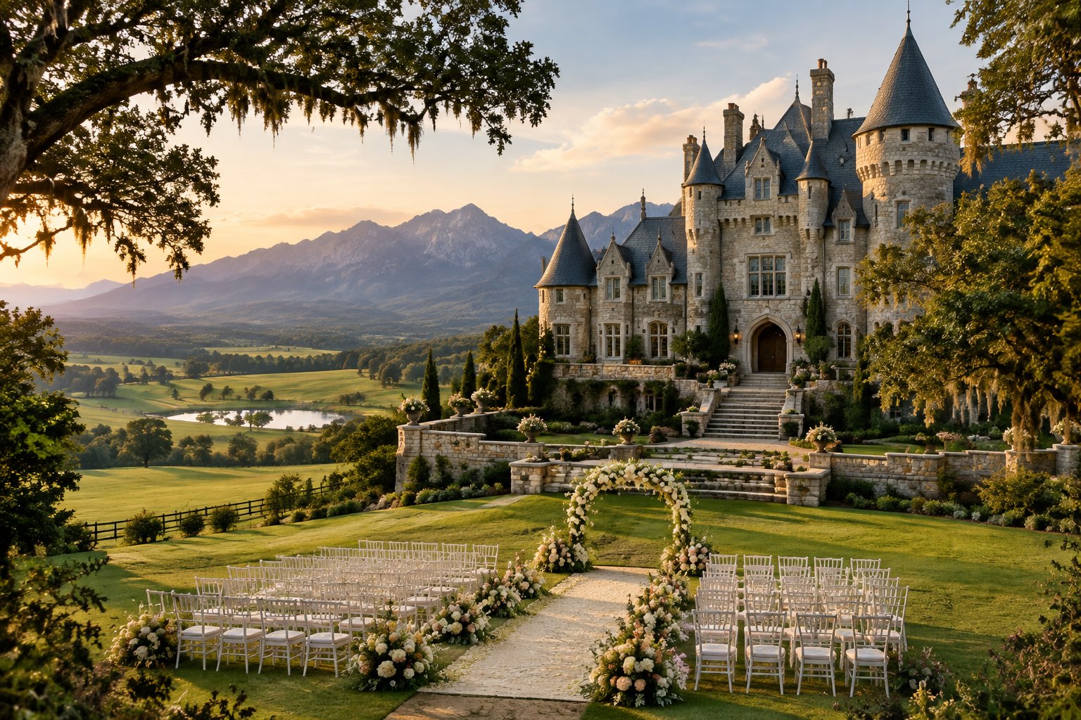 A stone castle wedding venue overlooks a decorated outdoor ceremony in a scenic landscape of mountains, meadows, and Southern trees.