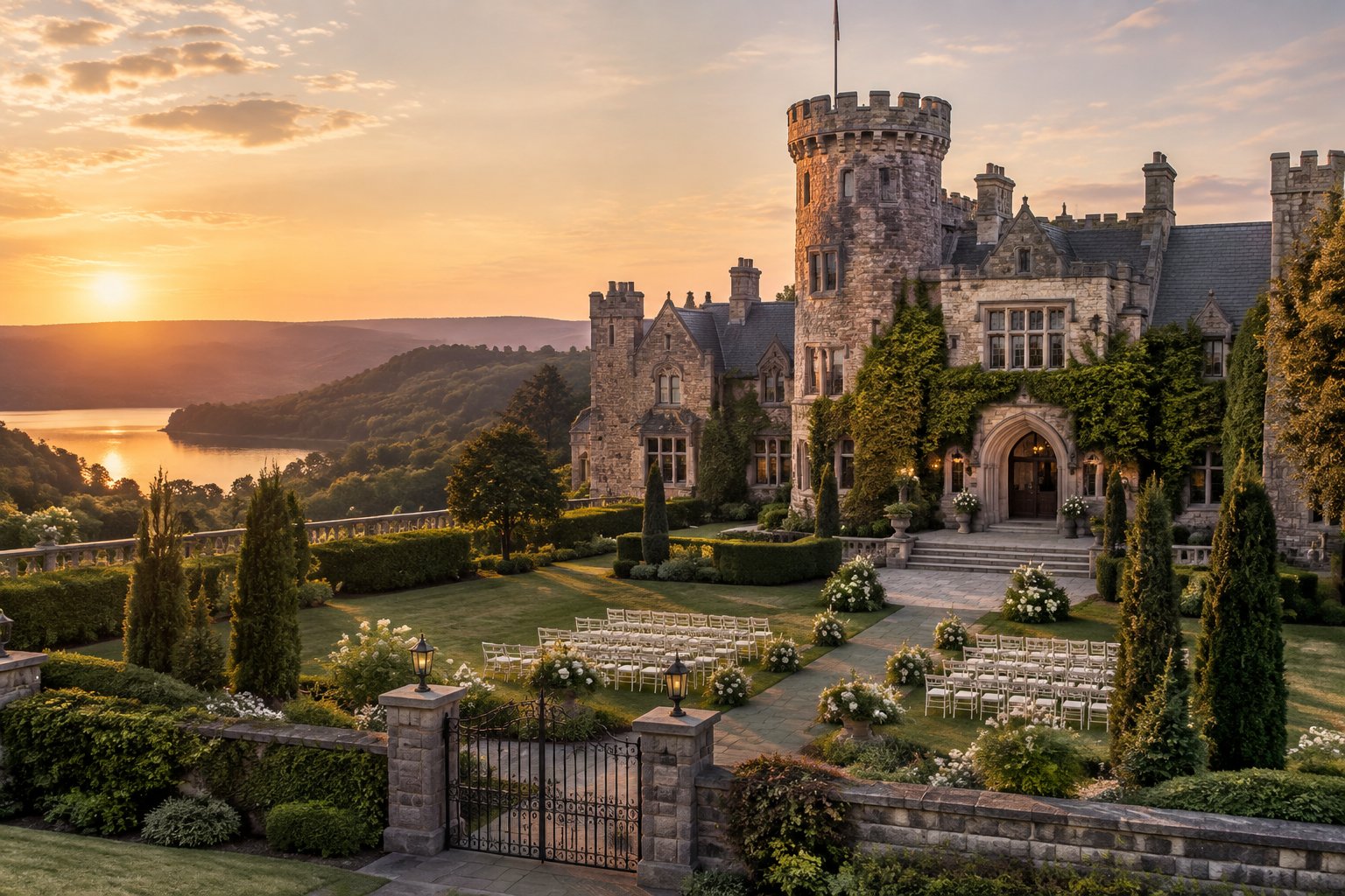 A historic stone castle wedding venue surrounded by formal gardens and a neatly arranged outdoor ceremony setting.