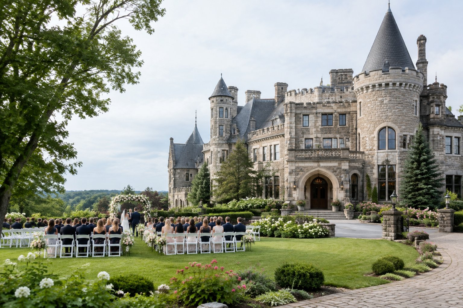 A historic stone castle wedding venue with manicured gardens, white ceremony chairs, and floral decorations.