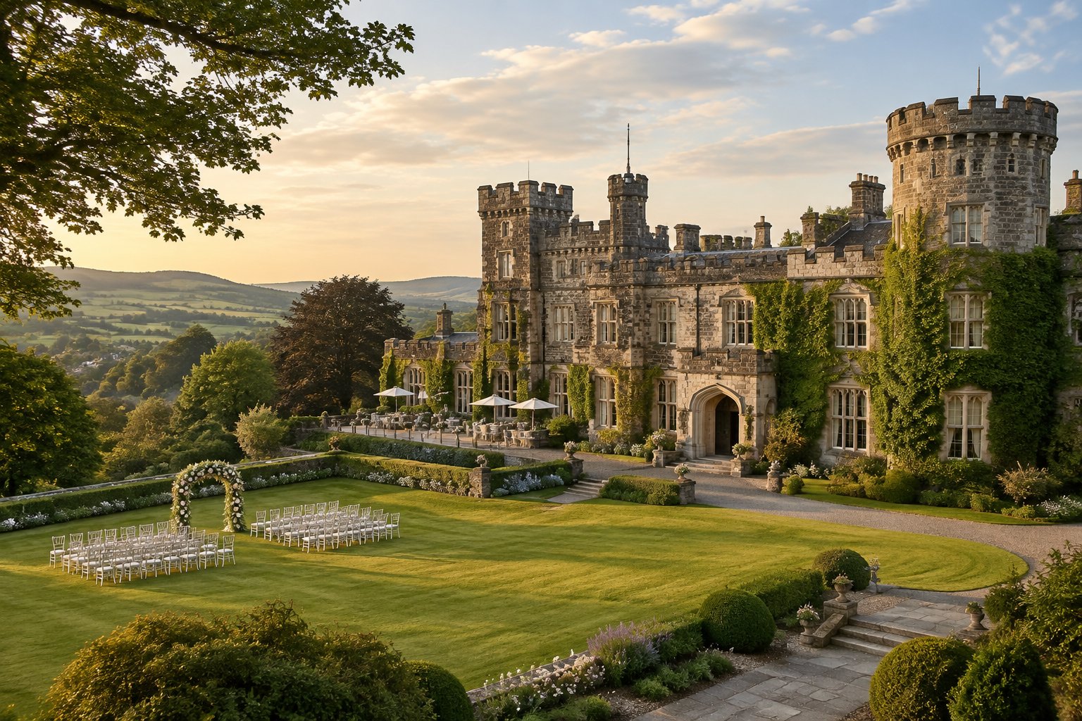 A historic stone castle-style wedding venue surrounded by landscaped grounds and countryside.