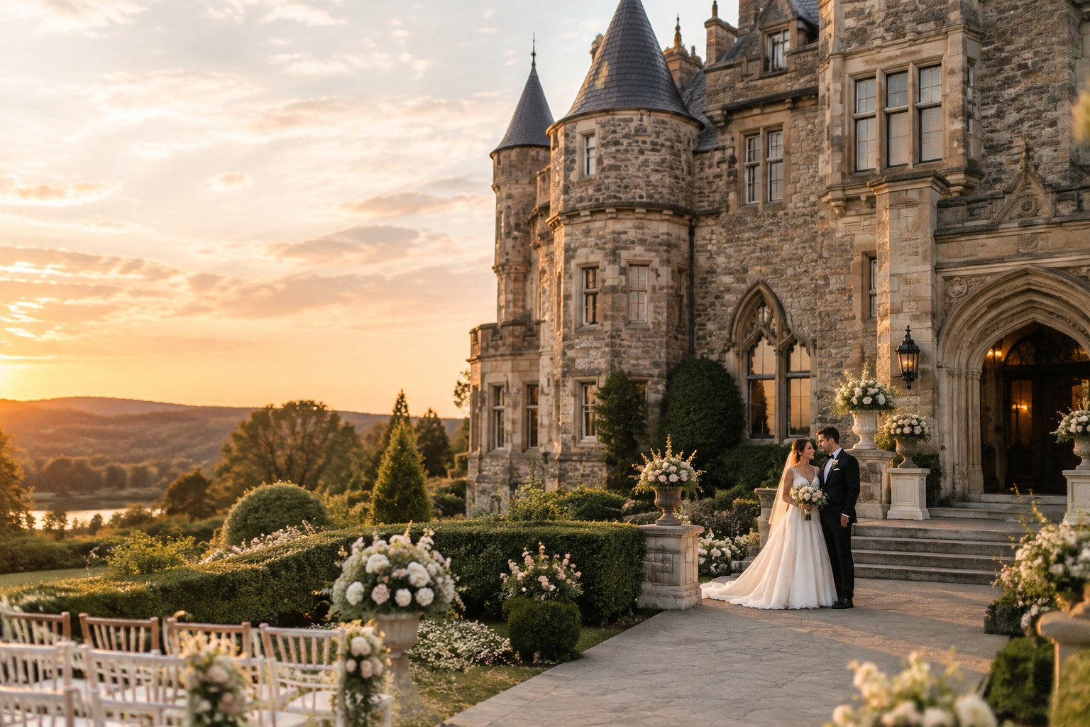 Bride and groom celebrate outside a historic castle wedding venue surrounded by gardens and floral decorations.