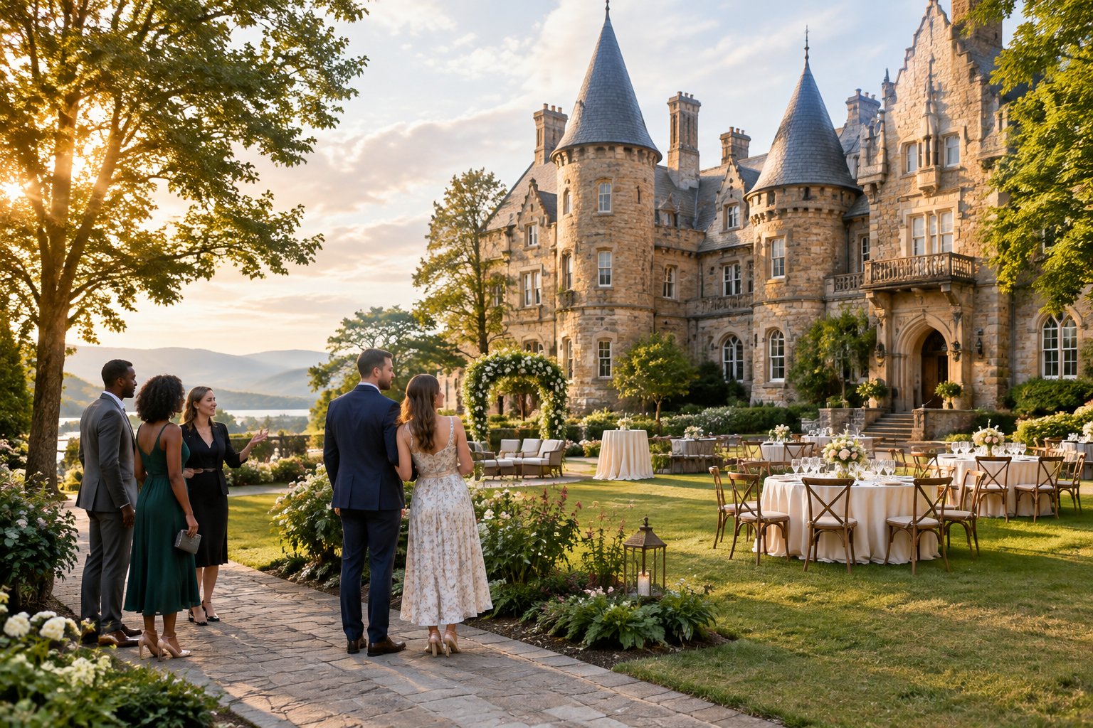 A couple and several guests tour the grounds of an elegant castle wedding venue.