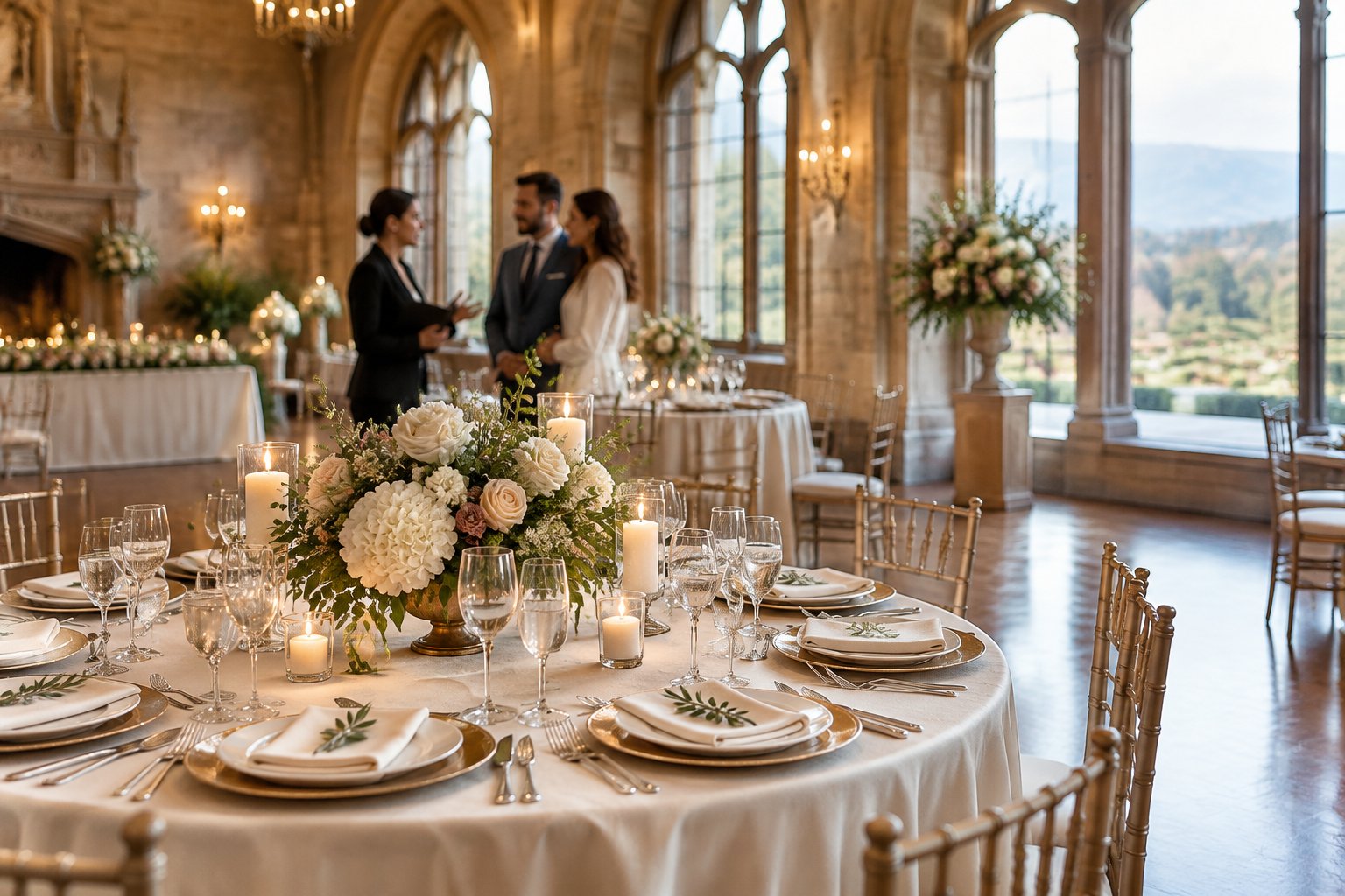 A couple meets with a wedding coordinator beside an elegantly set reception table inside a historic castle venue.