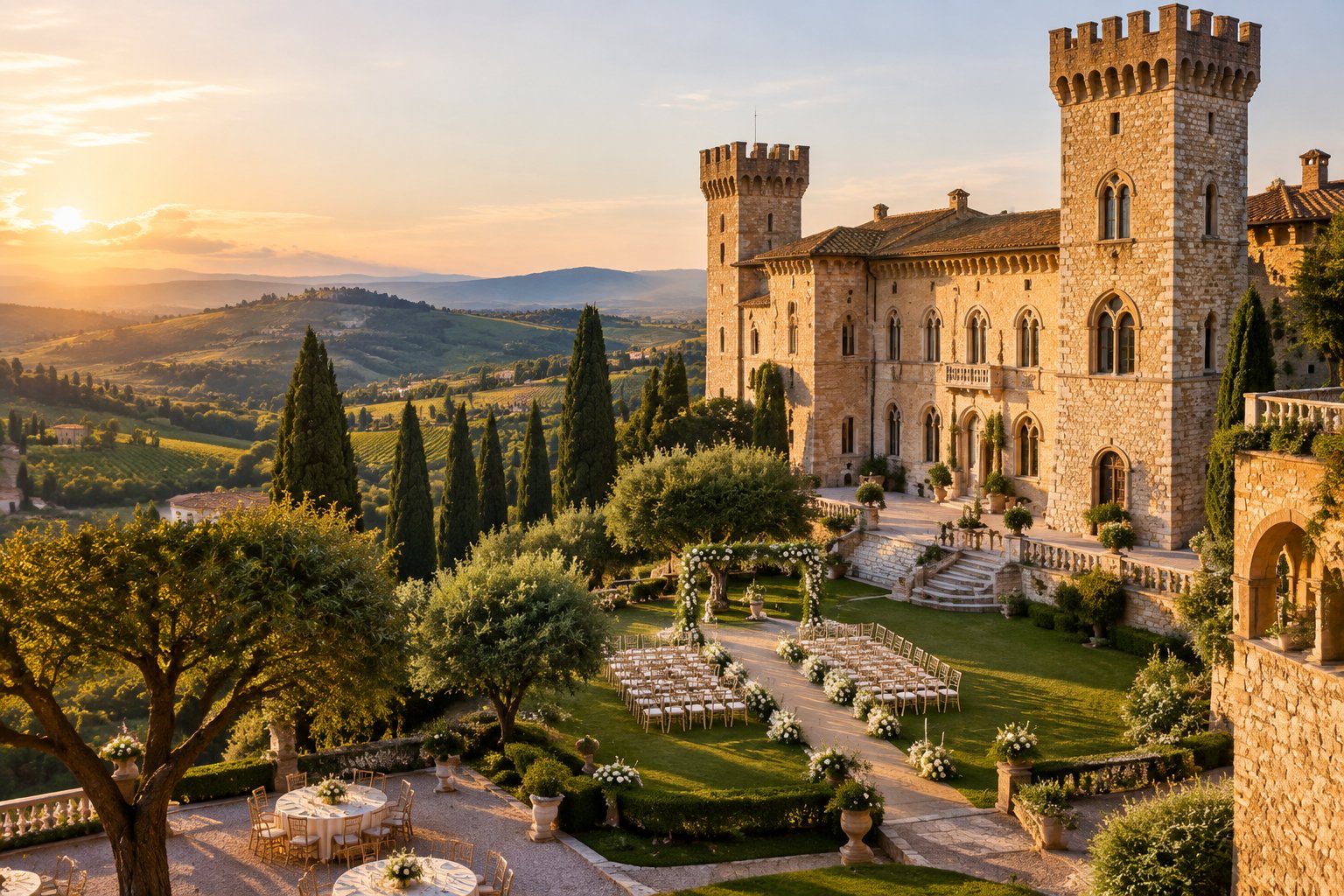 A historic Italian castle surrounded by gardens and vineyards, prepared for an outdoor wedding ceremony.