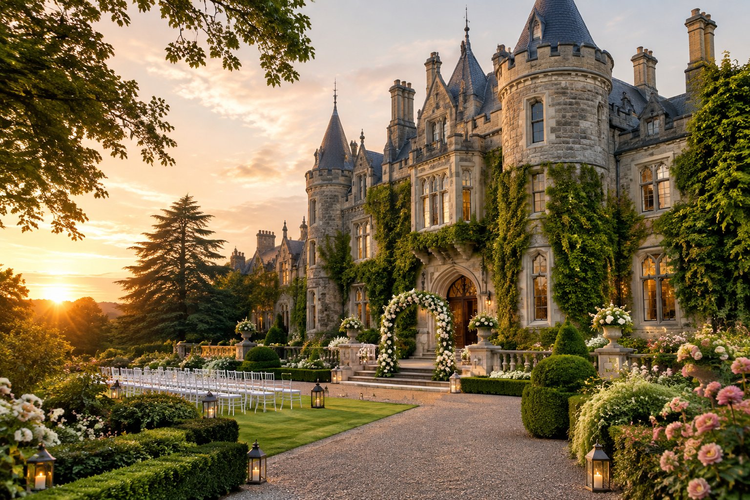 A grand stone castle wedding venue surrounded by manicured gardens and arranged ceremony chairs.