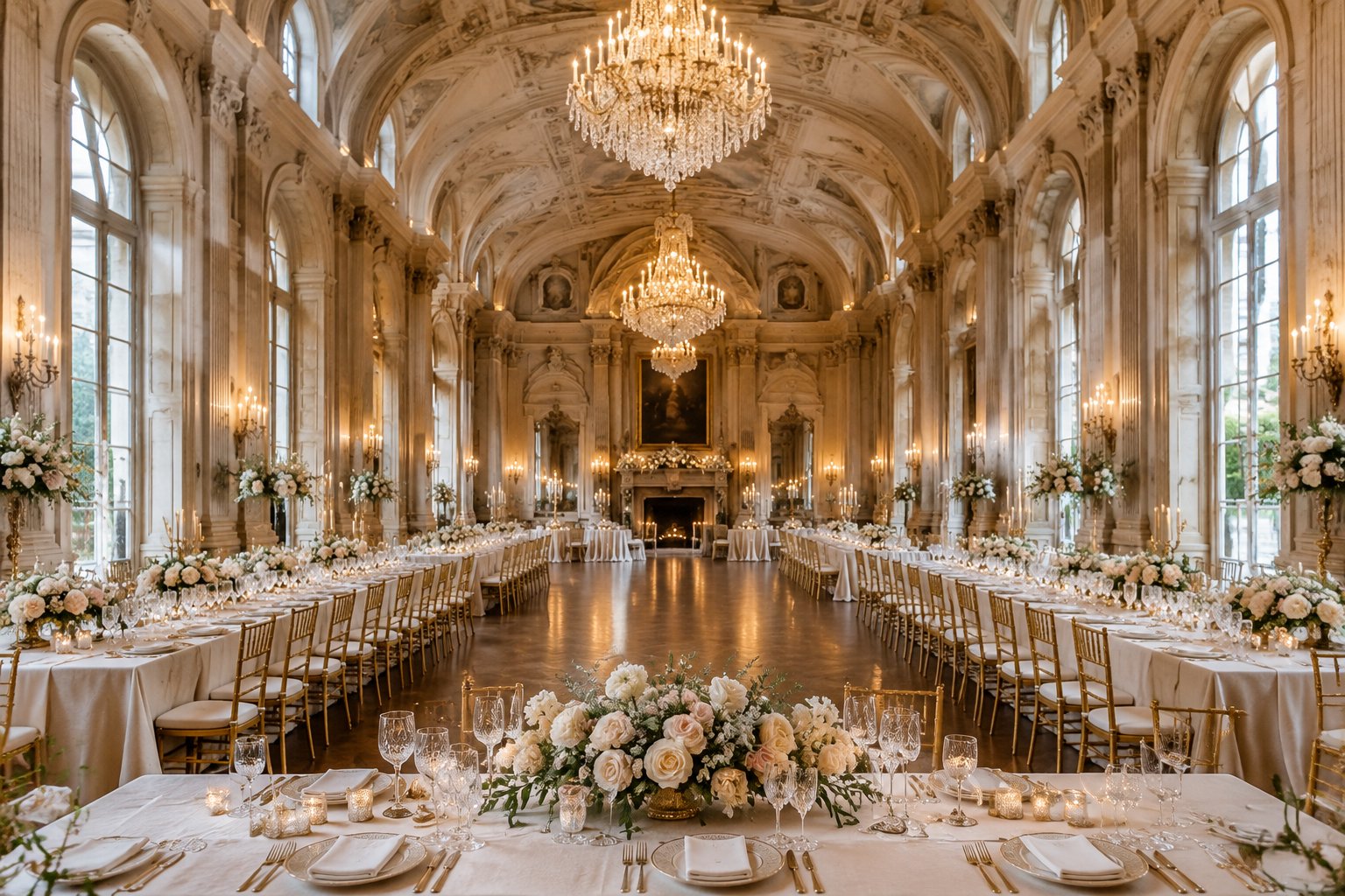 A grand castle ballroom arranged for an elegant wedding reception.