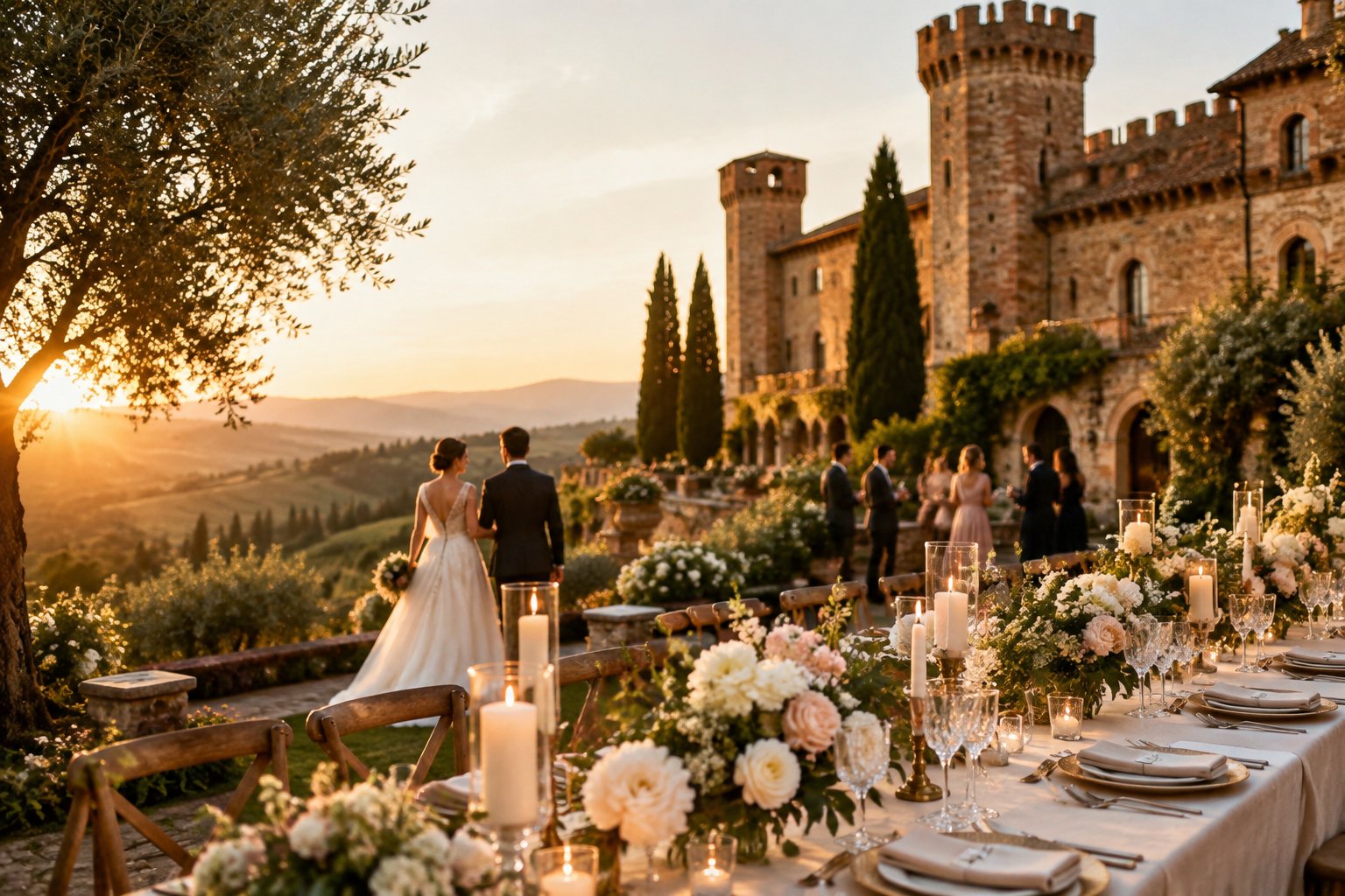 An elegant castle wedding celebration overlooking the Italian countryside.