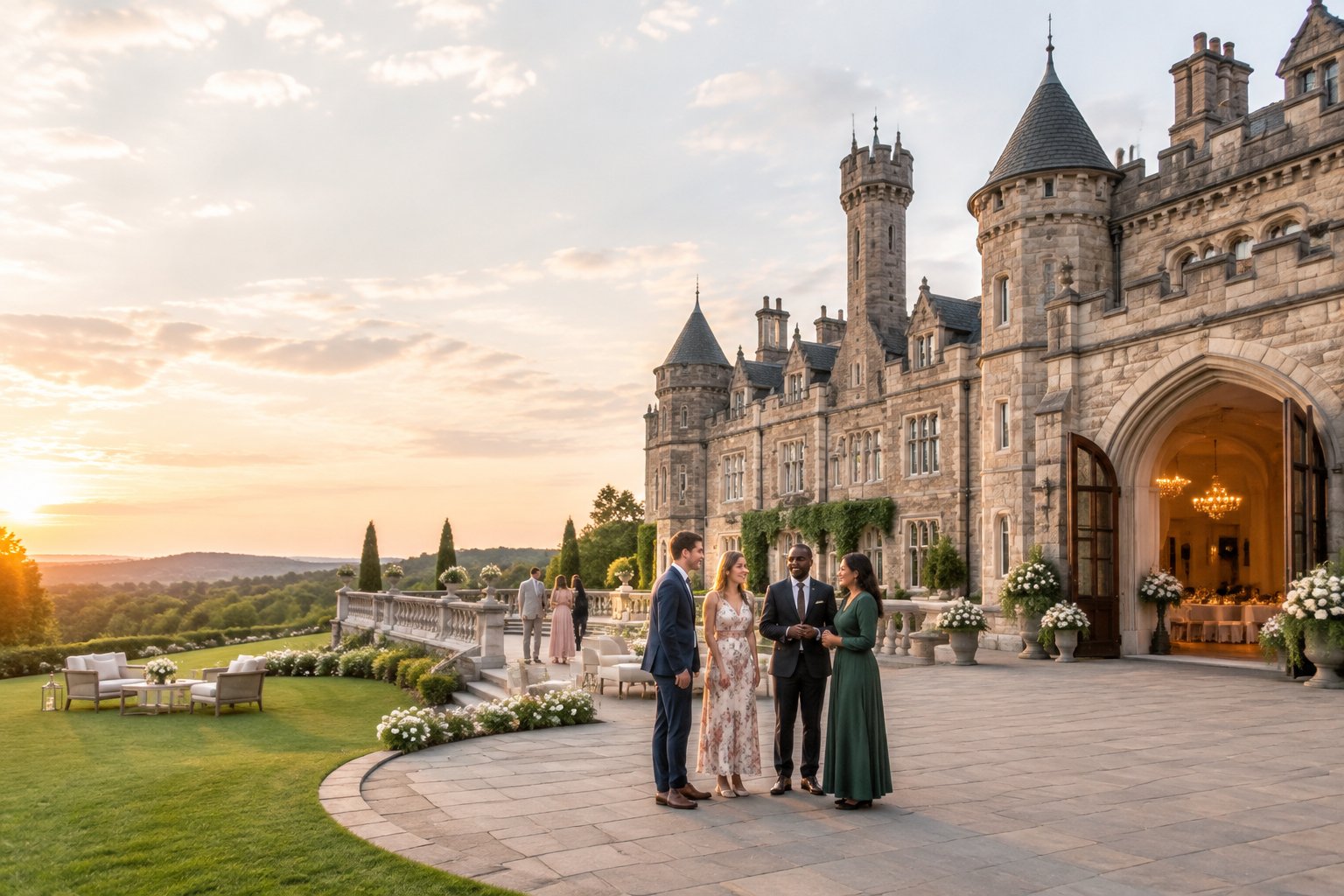 A couple and wedding guests tour a grand castle venue with gardens, terraces, and spacious gathering areas.