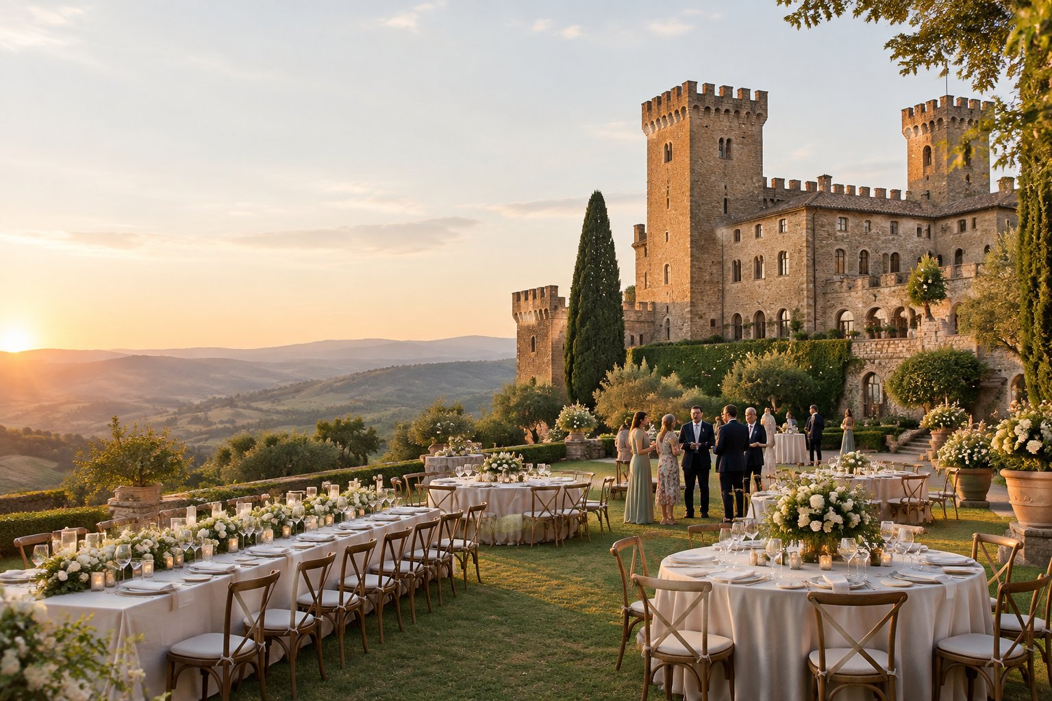 An elegant wedding reception set in the grounds of an Italian castle with guests gathered among decorated tables.