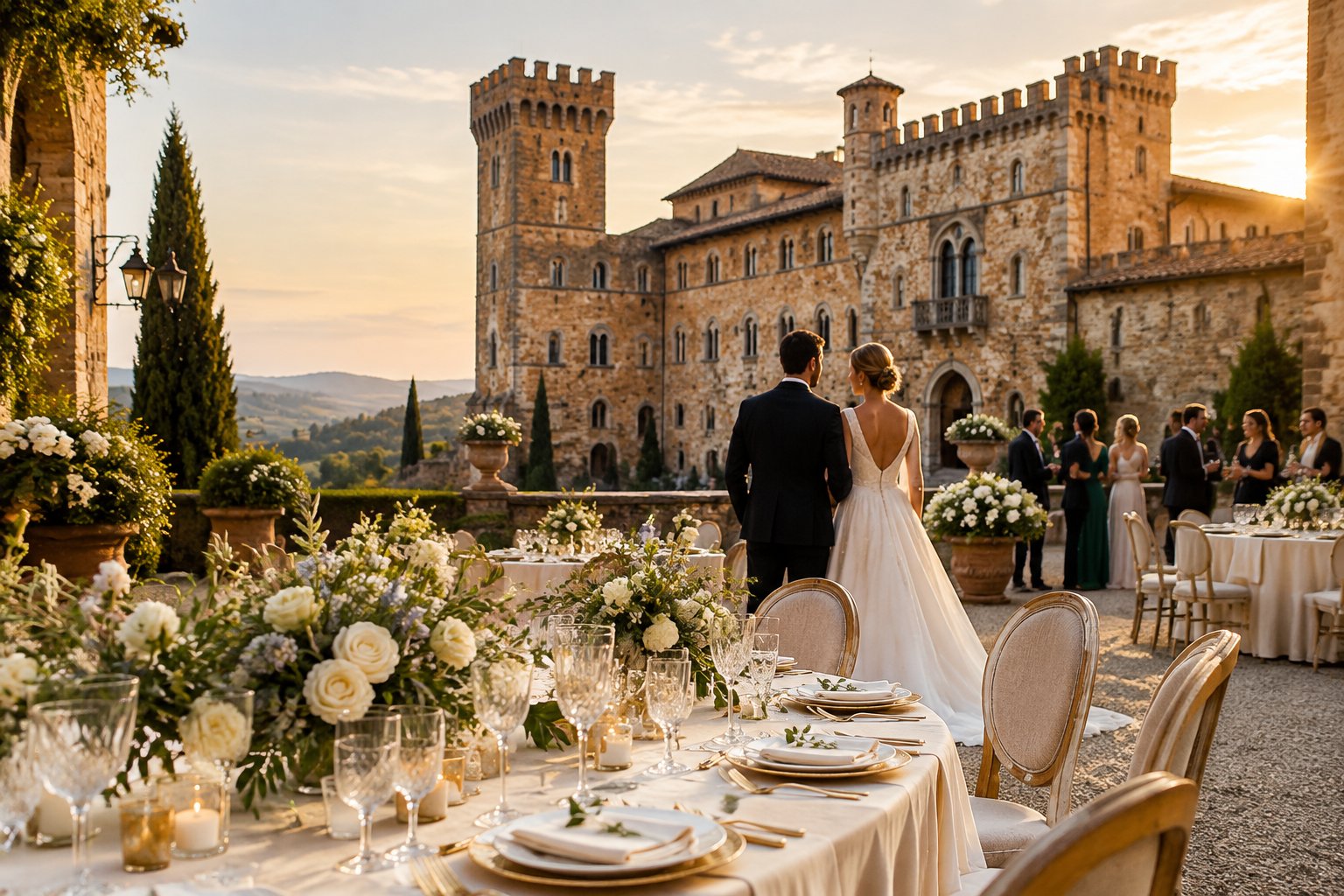 An elegant wedding reception in the courtyard of a historic Italian castle.