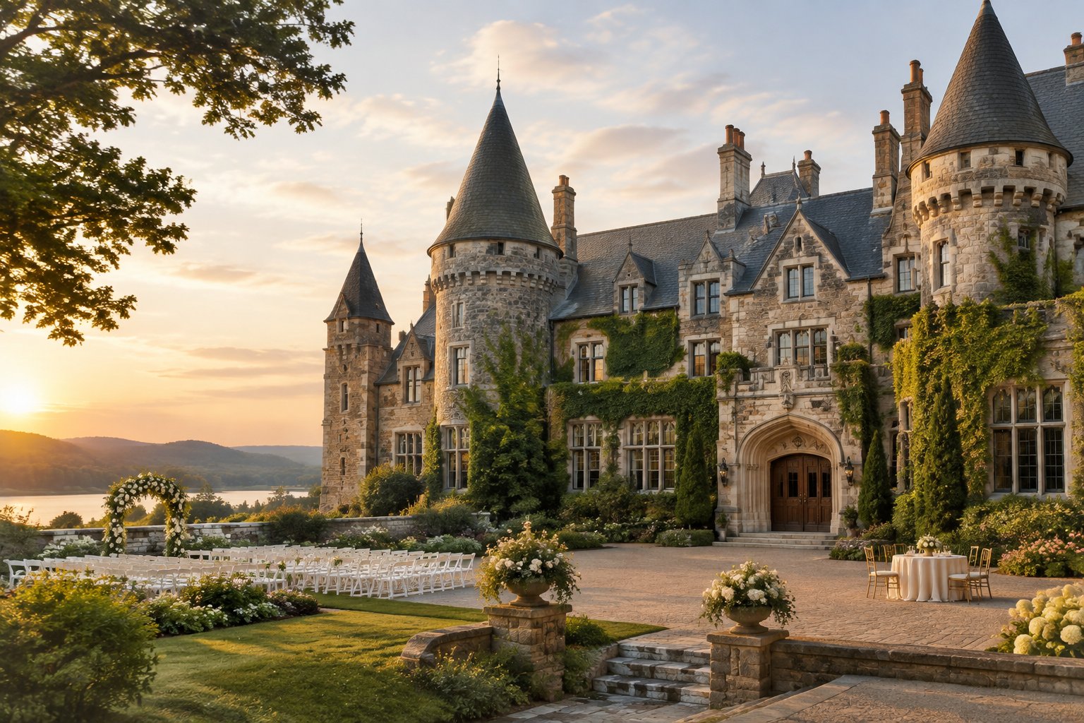 A grand stone castle wedding venue surrounded by landscaped grounds and wedding decorations.