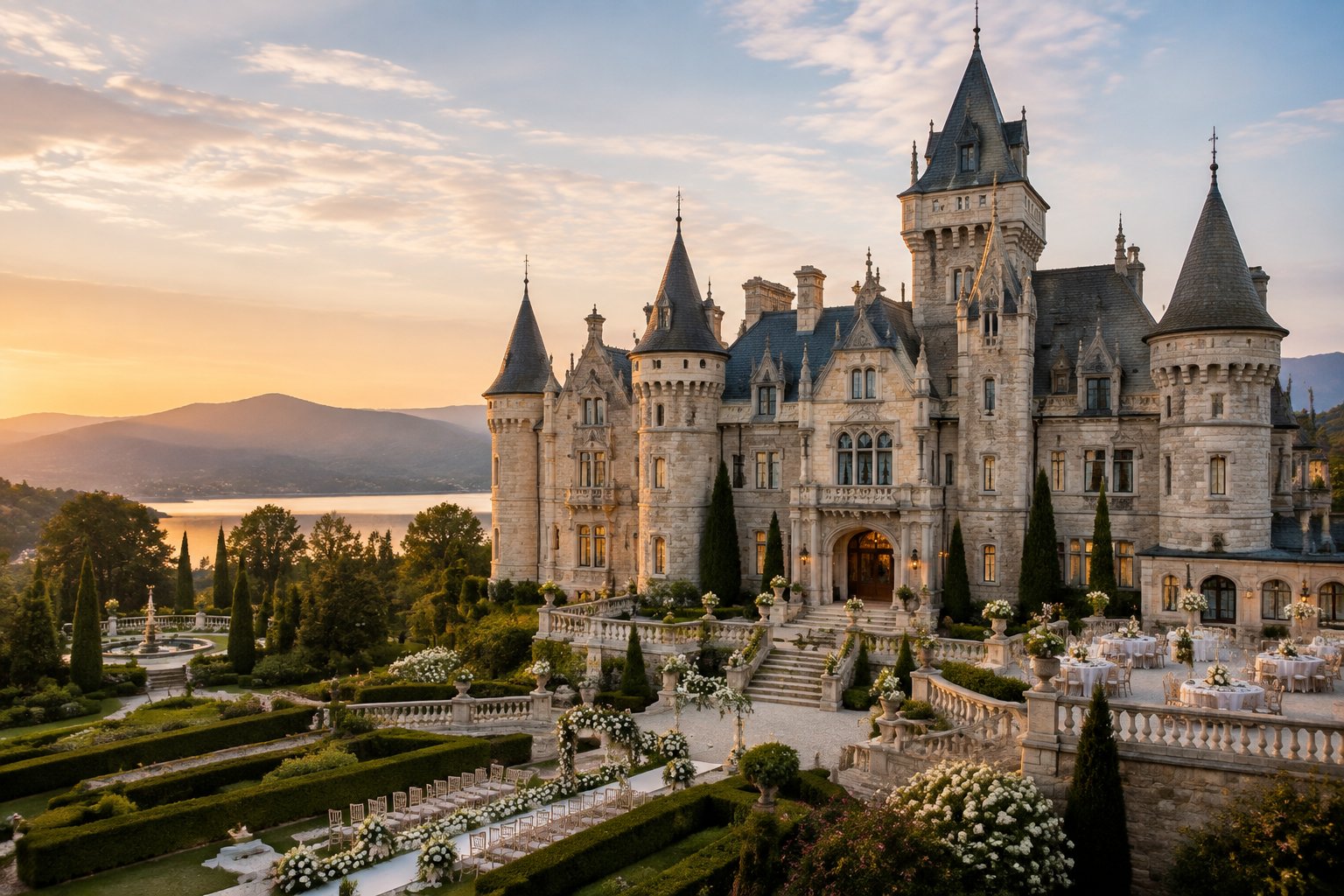 A grand historic castle surrounded by formal gardens and elegant wedding decorations.
