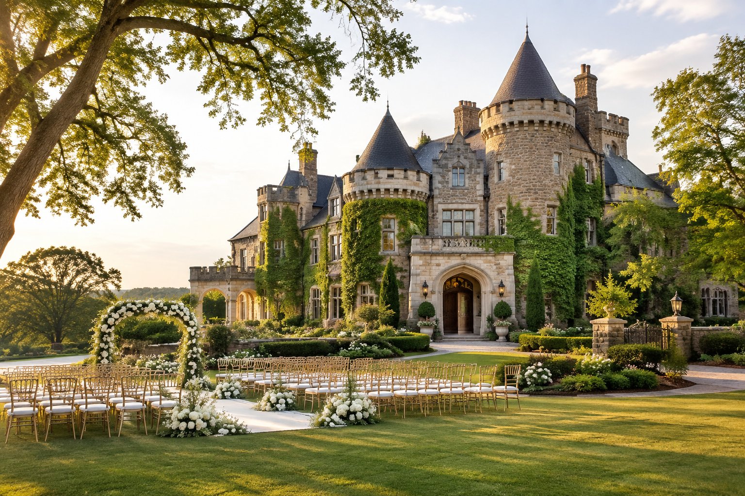 A grand castle wedding venue surrounded by landscaped gardens, flowers, and rows of ceremony chairs.