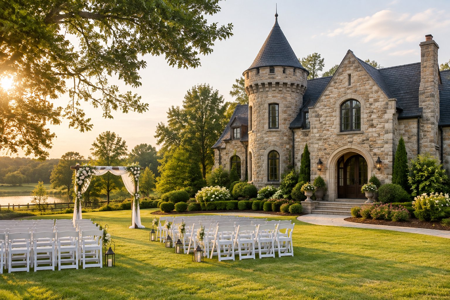 A stone castle-style wedding venue surrounded by landscaped grounds with an outdoor ceremony setup.