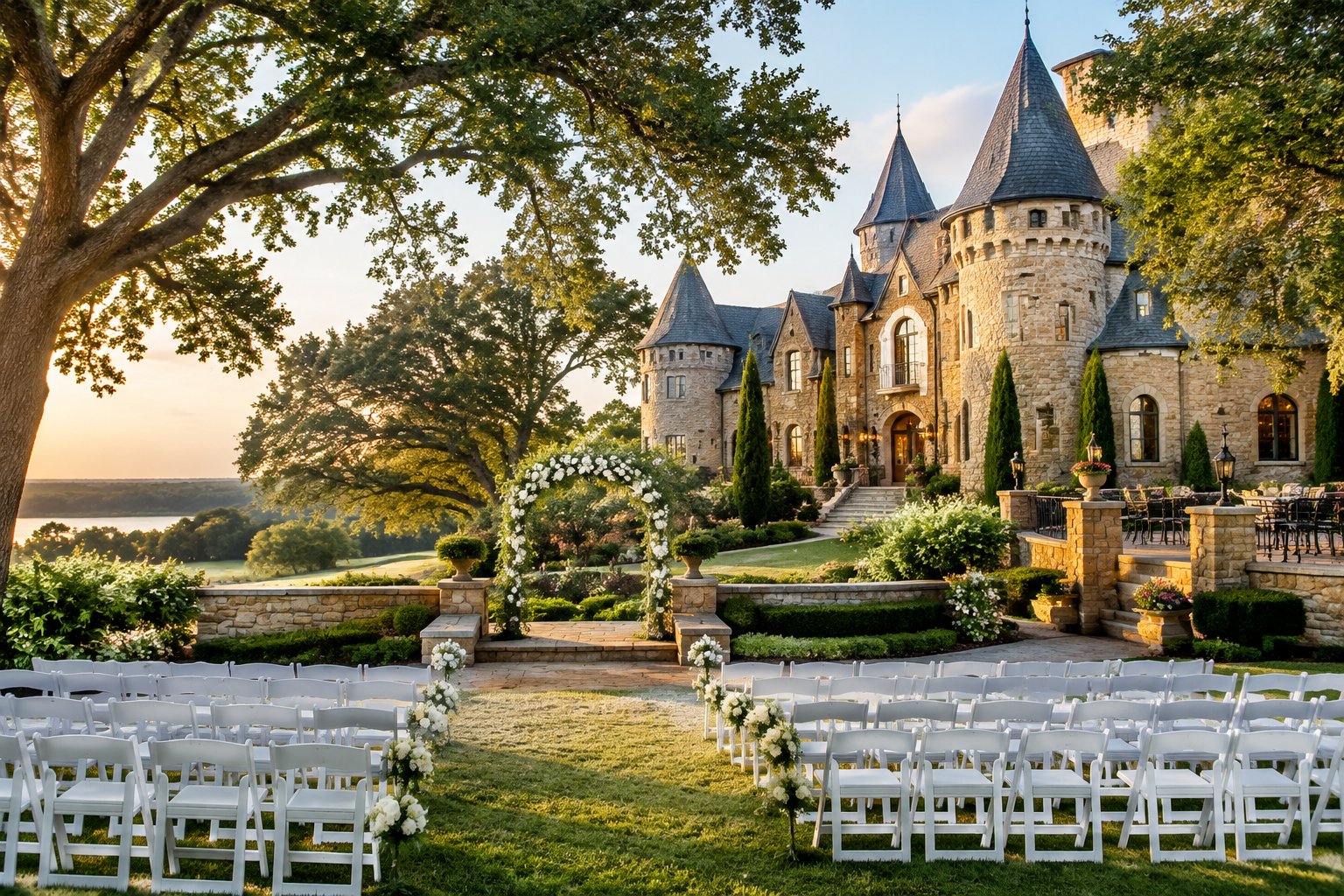 A castle-inspired wedding venue surrounded by gardens, oak trees, and an outdoor ceremony area.