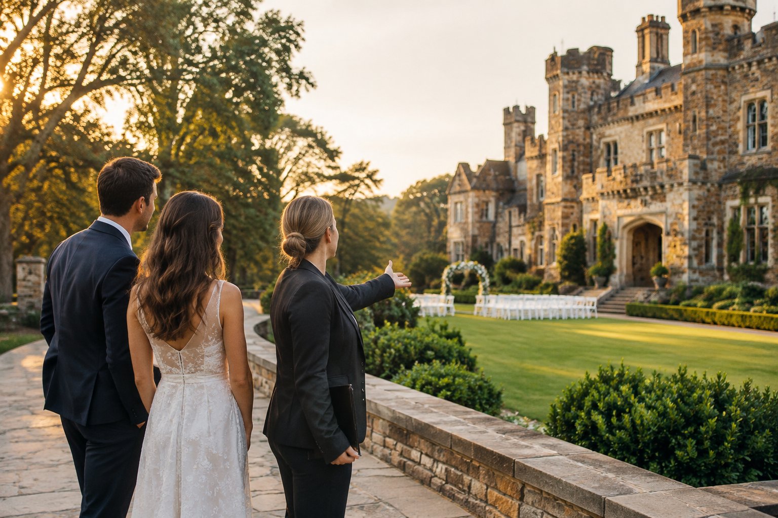 An engaged couple tours the landscaped grounds of a castle-style wedding venue with a coordinator.