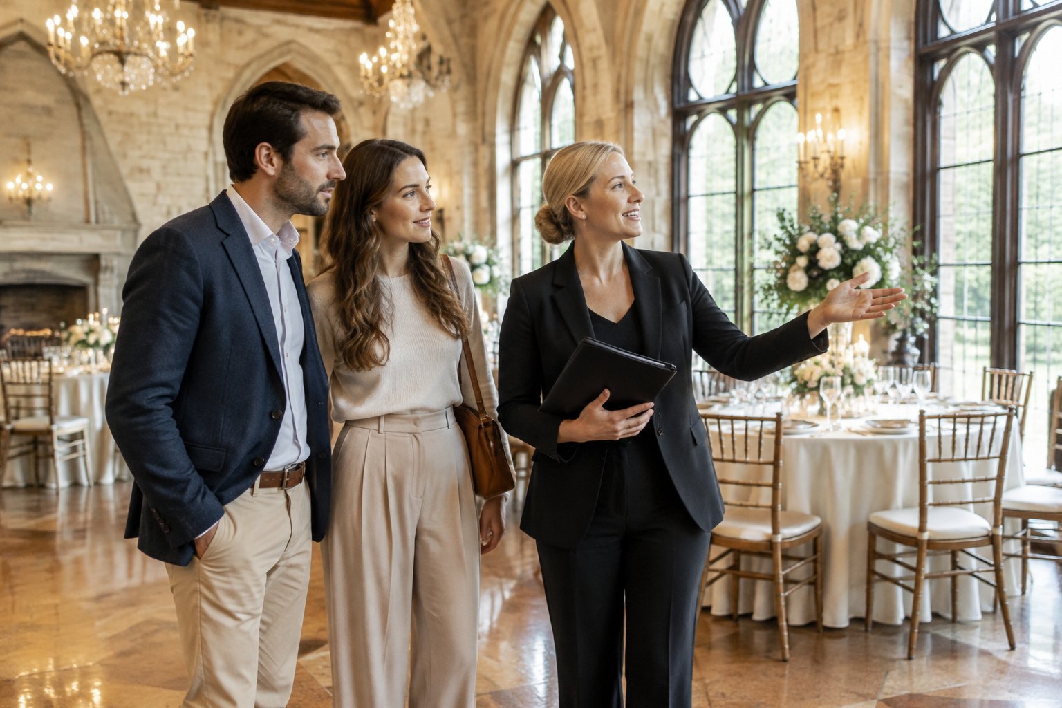 A couple discusses a historic castle wedding venue with a professional coordinator in an elegant reception room.