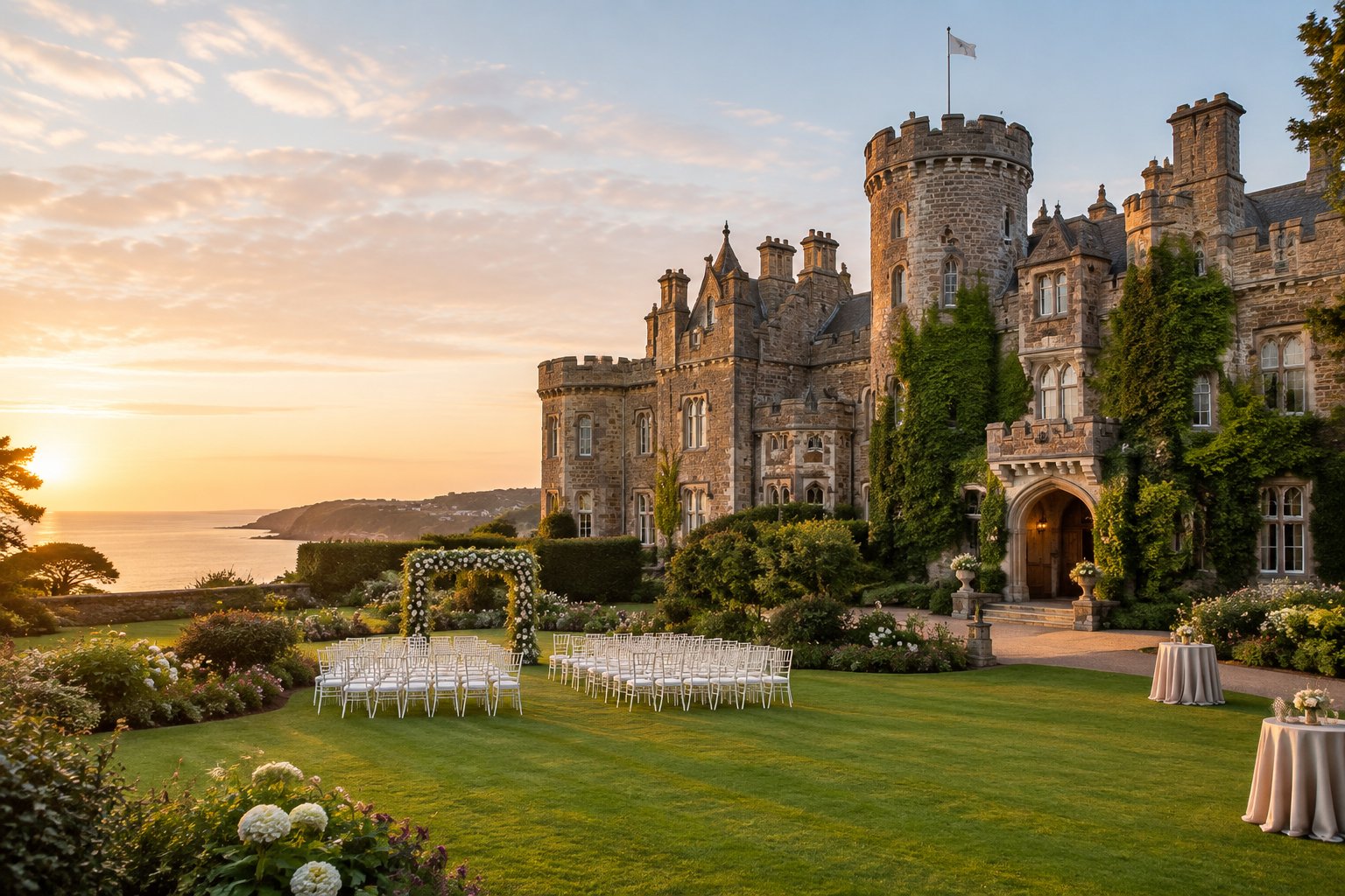 A historic stone castle wedding venue surrounded by landscaped gardens and wedding decorations.