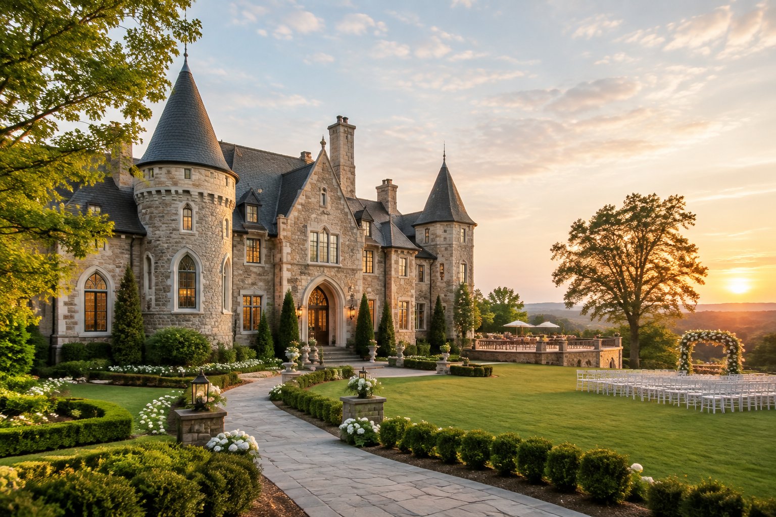 A stone castle wedding venue surrounded by landscaped gardens and arranged outdoor ceremony chairs.