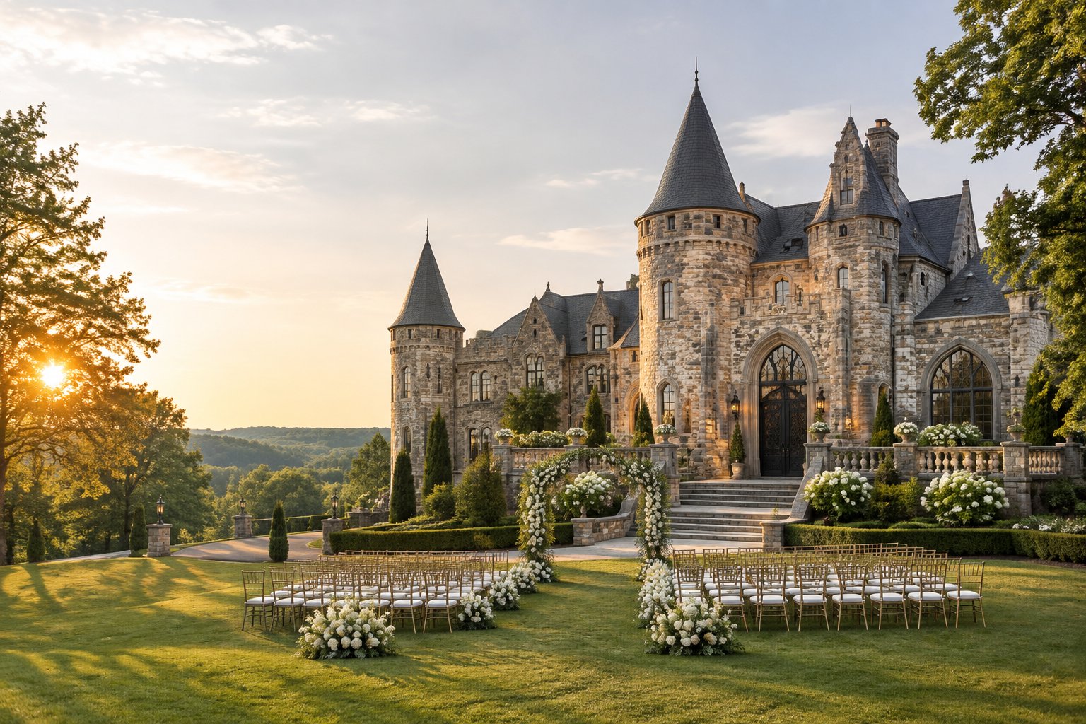 A grand stone castle-style wedding venue with turrets, gardens, and an outdoor ceremony setup.