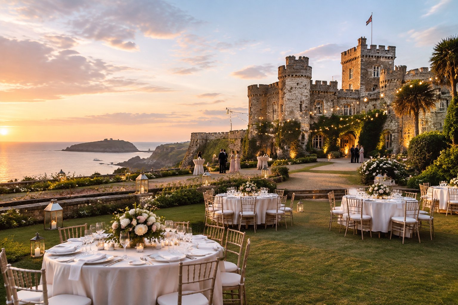 An elegant wedding reception arranged on the grounds of a historic castle in Jersey.
