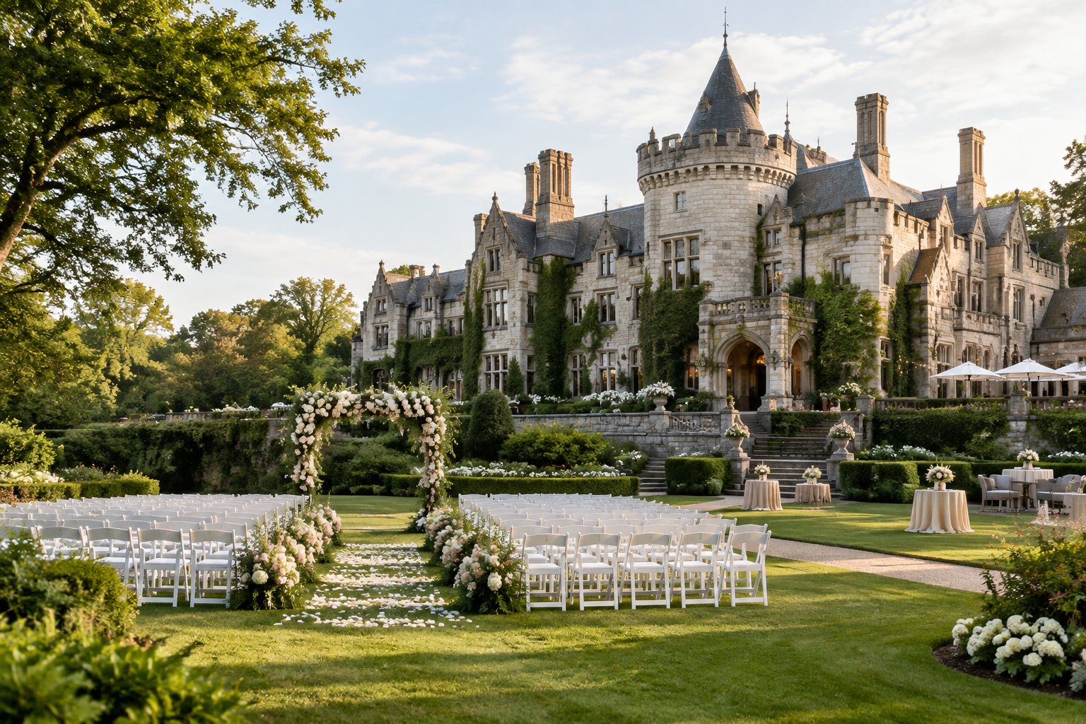 Historic castle wedding venue surrounded by gardens with a floral ceremony arch and white chairs.