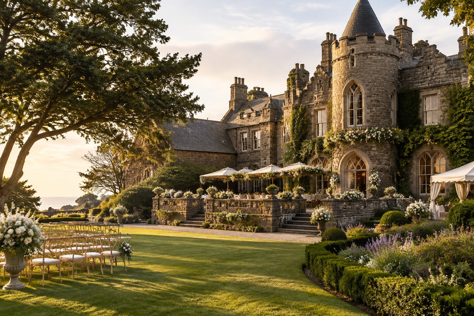 A stone castle-inspired estate surrounded by formal gardens and landscaped grounds.