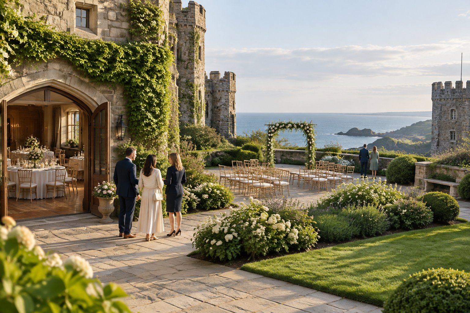 Couple exploring ceremony, reception, and photography spaces at a historic castle wedding venue.