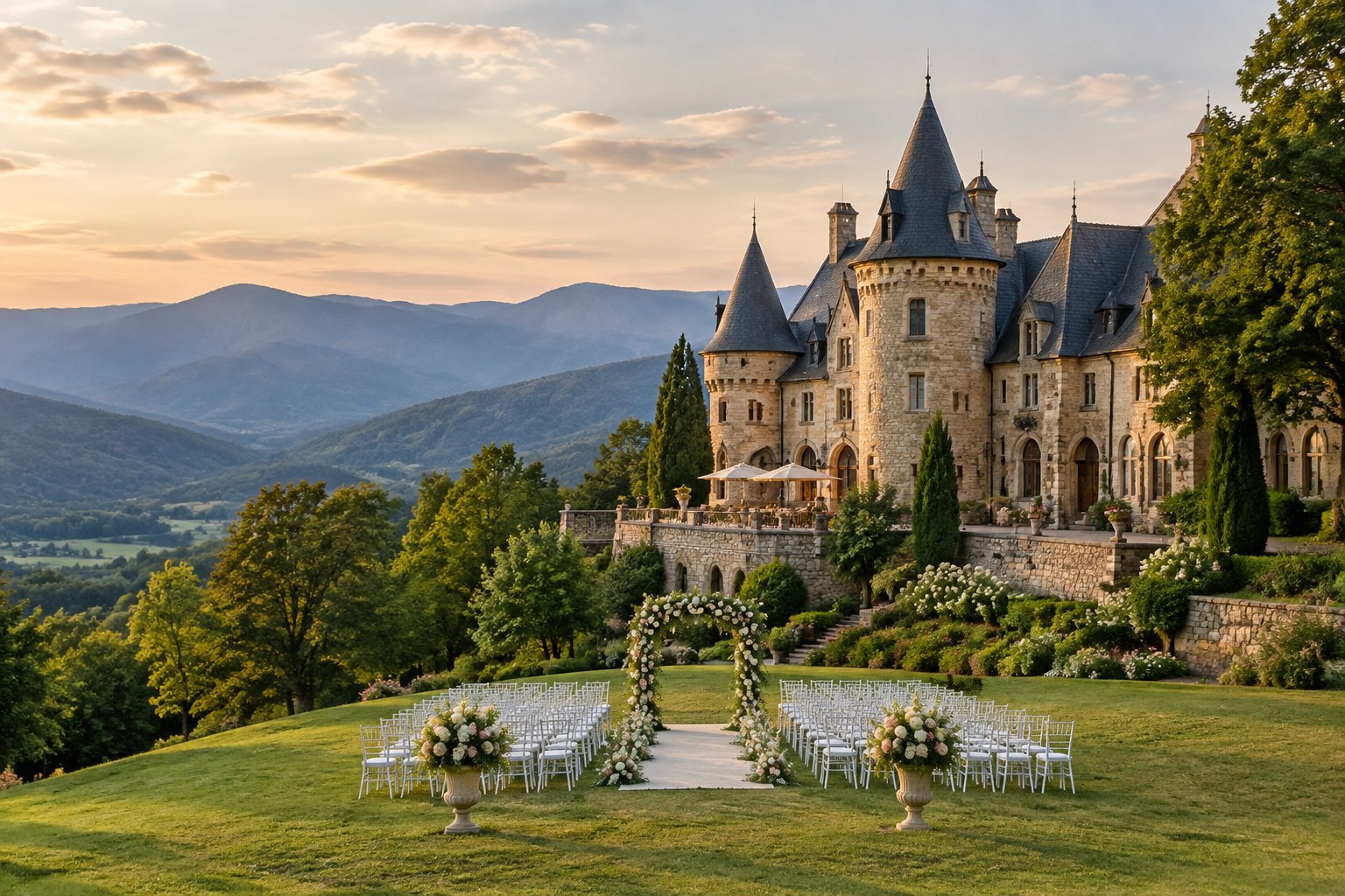 A fairytale castle wedding venue overlooking green countryside and distant mountains.
