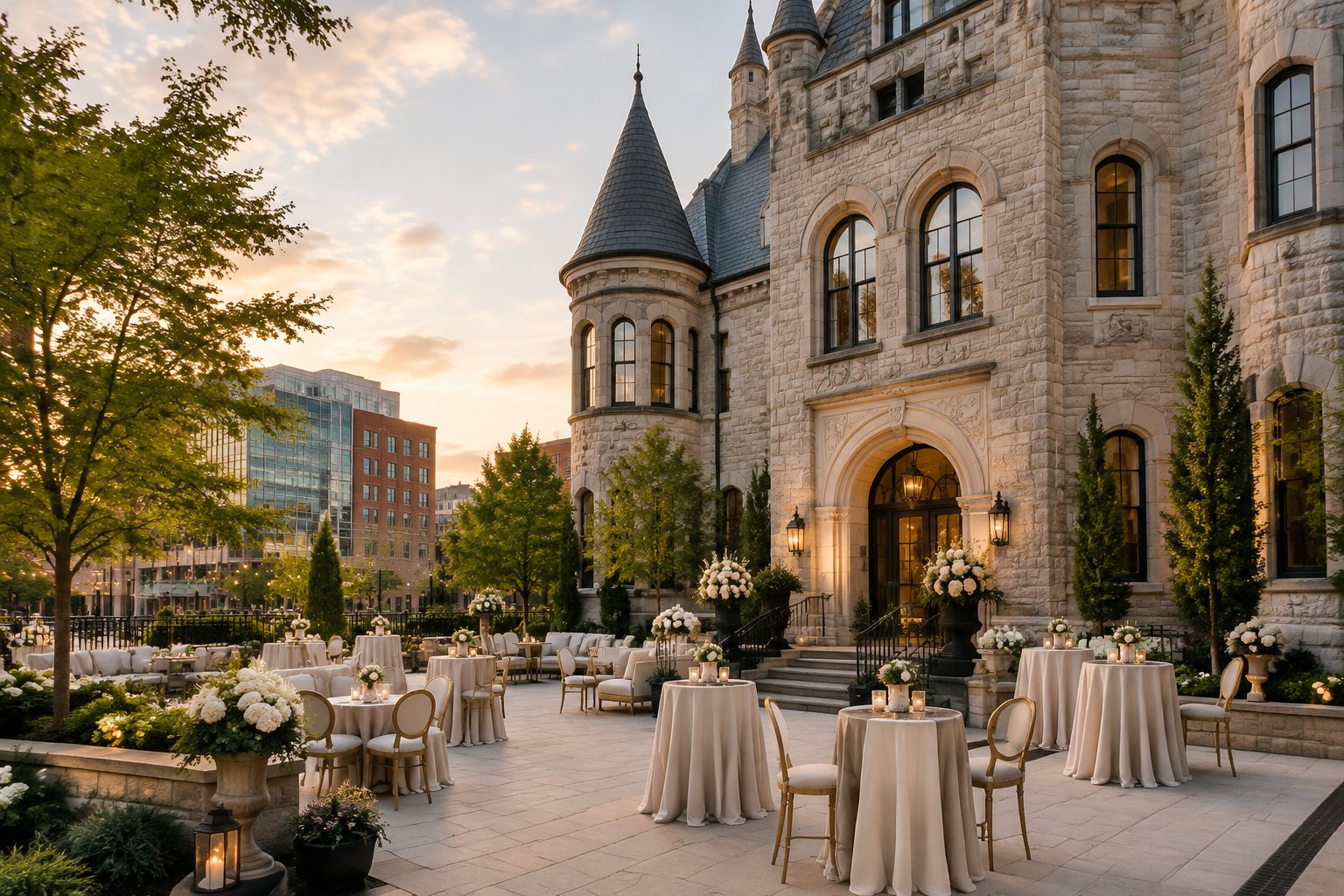 Elegant castle-inspired wedding venue with a stone facade, courtyard décor, and downtown surroundings.