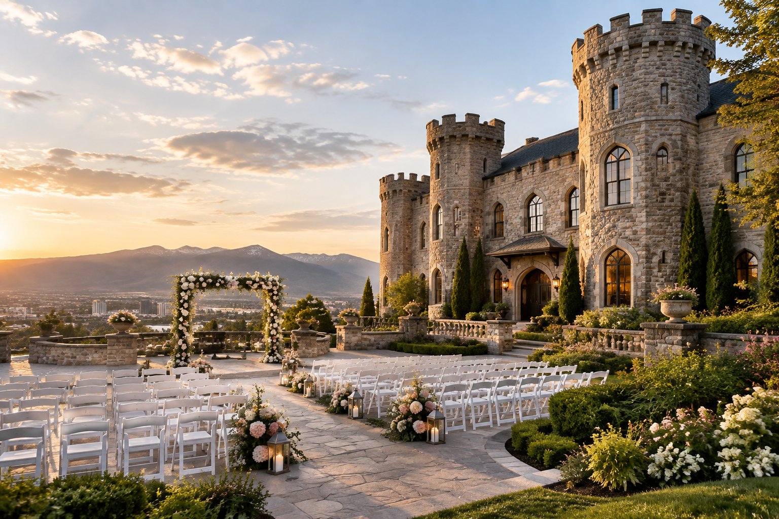 A castle-style wedding venue with stone towers, manicured gardens, and a decorated outdoor ceremony area.
