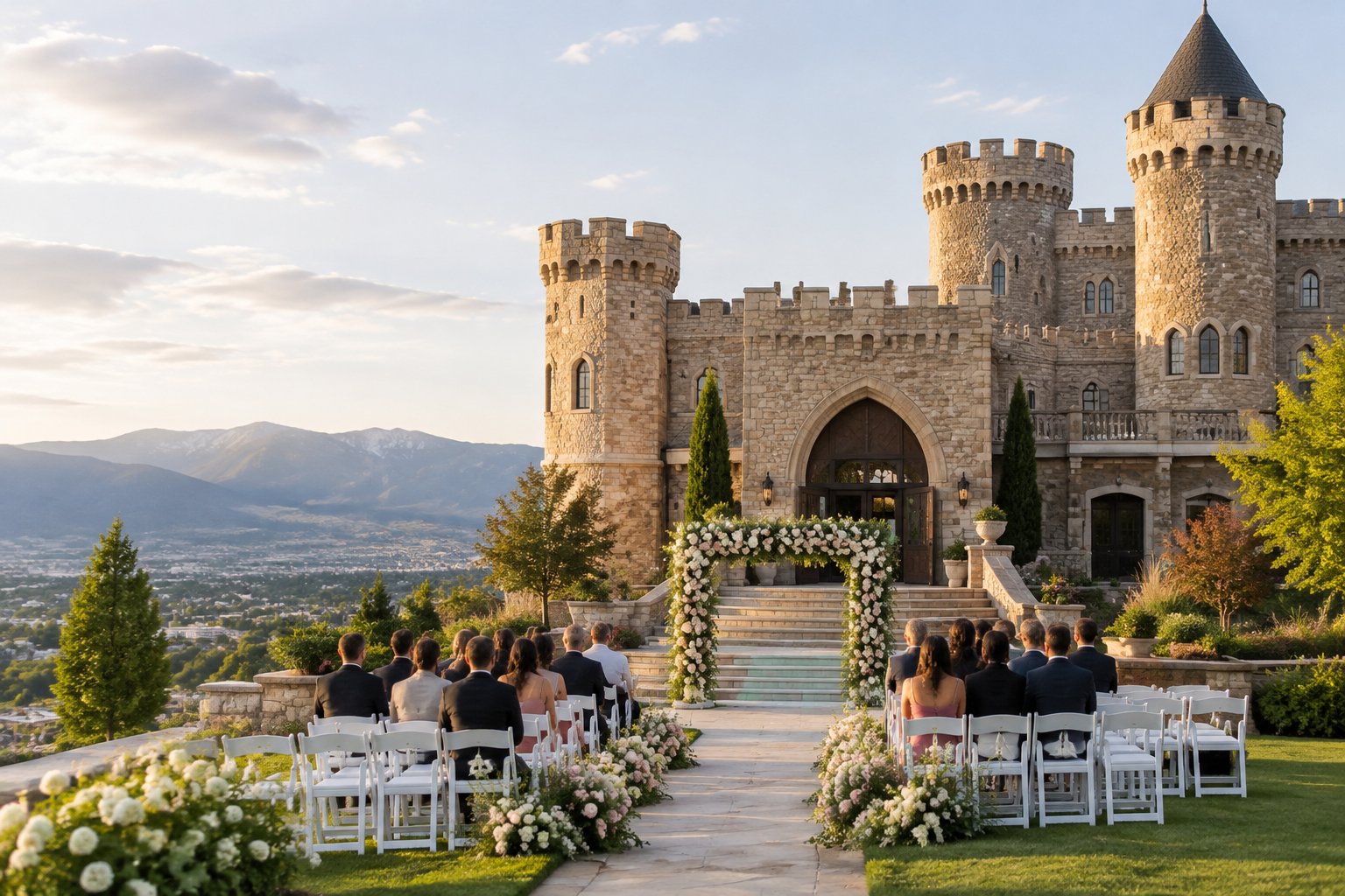 A castle-style wedding venue with stone towers, landscaped grounds, and an outdoor ceremony setup.