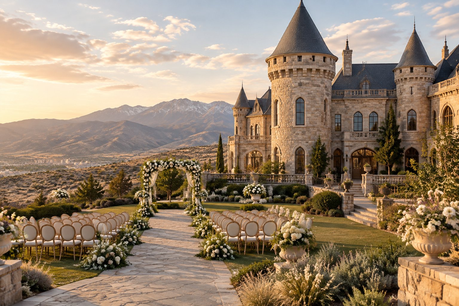 A stone castle wedding venue with landscaped gardens and mountains in the background.