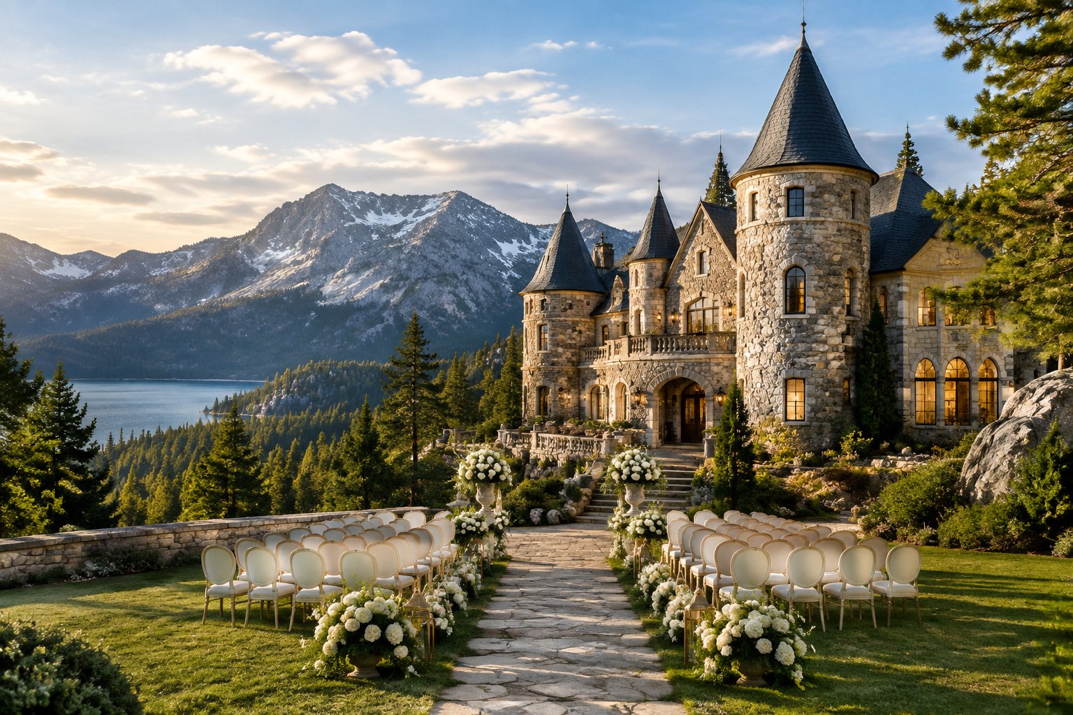 A stone castle wedding venue with an outdoor ceremony setup overlooking the Sierra Nevada mountains.
