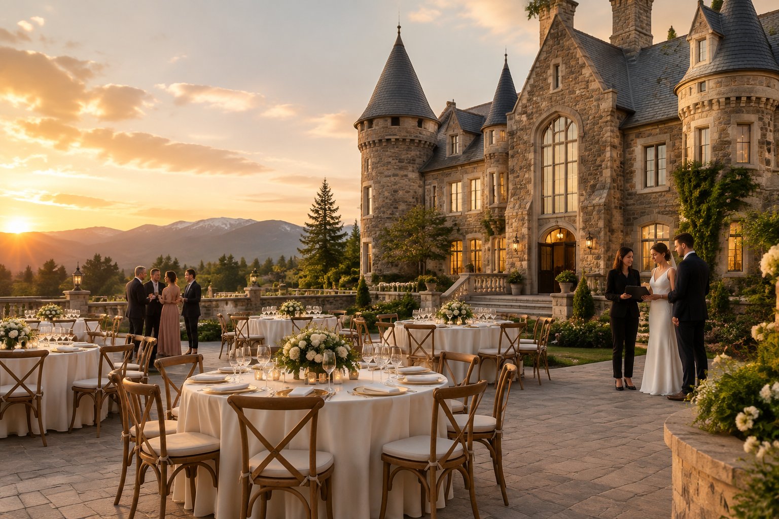 An elegant castle wedding venue with a decorated outdoor reception area and mountains in the background.
