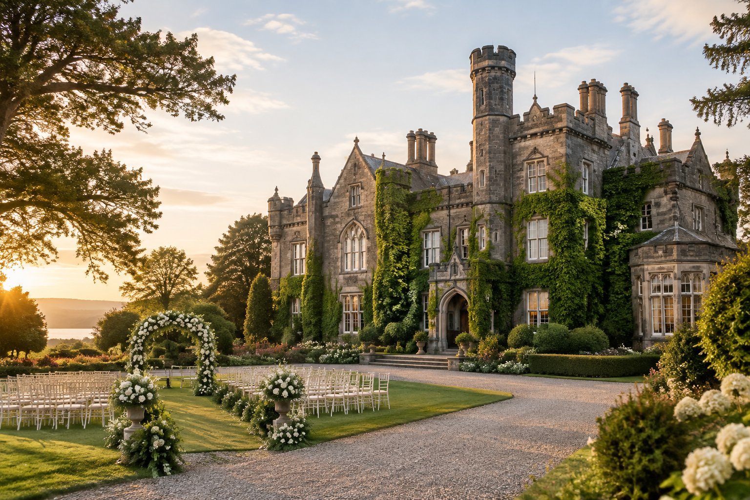 A historic stone castle wedding venue surrounded by gardens, flowers, and outdoor ceremony seating.