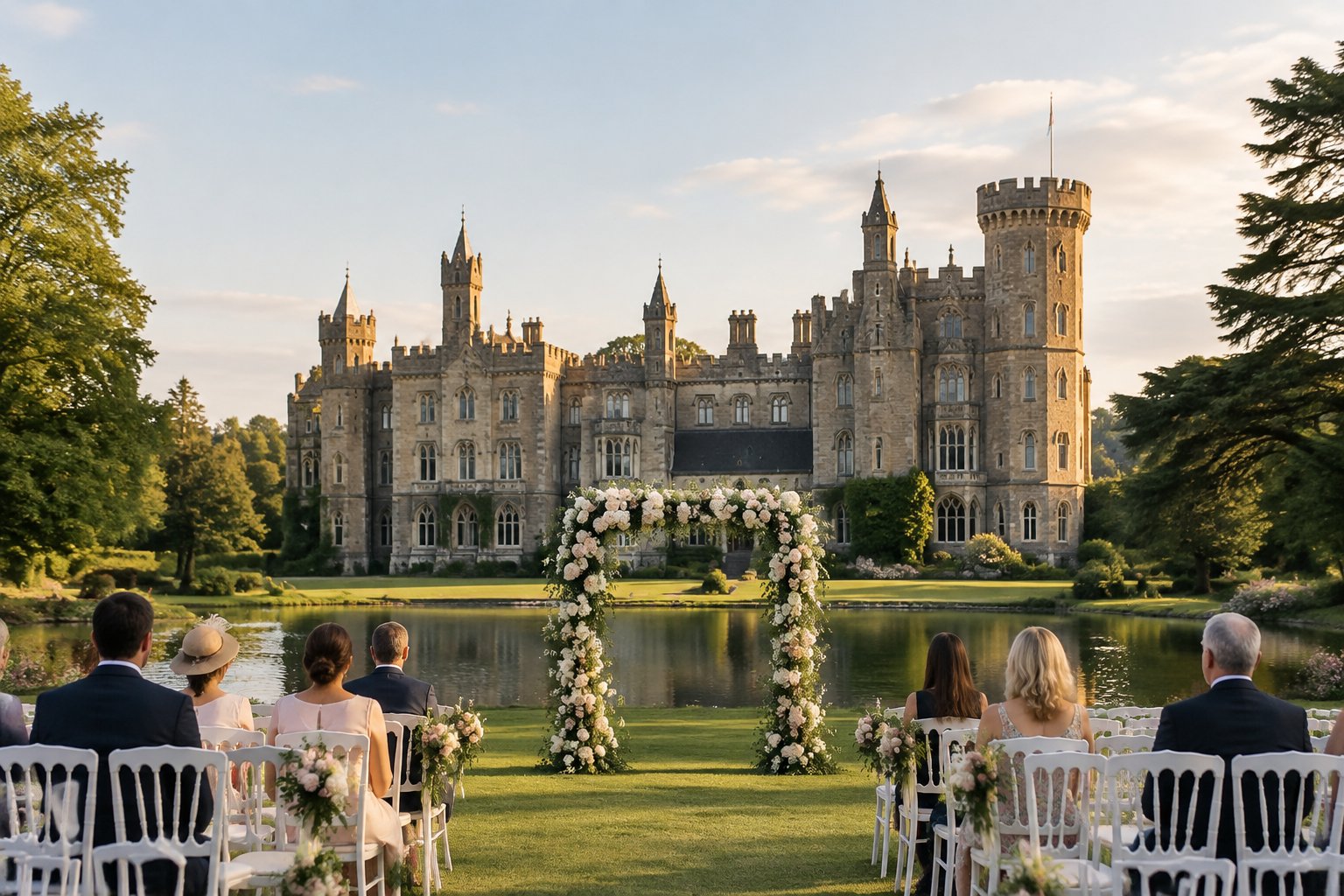 An elegant outdoor wedding ceremony set in the gardens of a historic castle beside a reflective lake.
