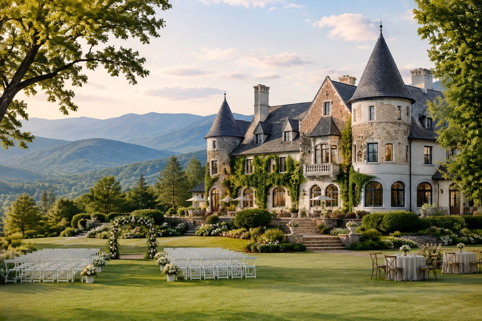 A castle-style wedding venue with gardens, ceremony seating, and mountains in the background.