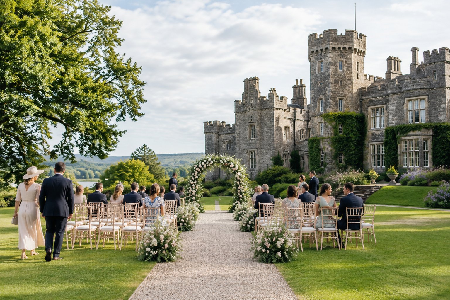Wedding guests gather for a ceremony on the grounds of a historic castle.