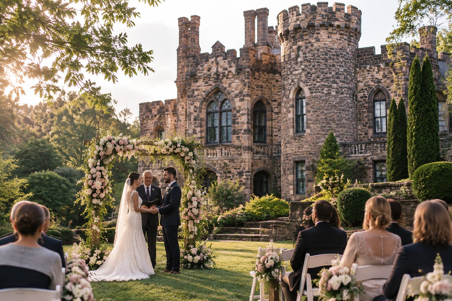 A bride and groom exchange vows in front of a historic stone castle surrounded by landscaped grounds and wedding chairs.
