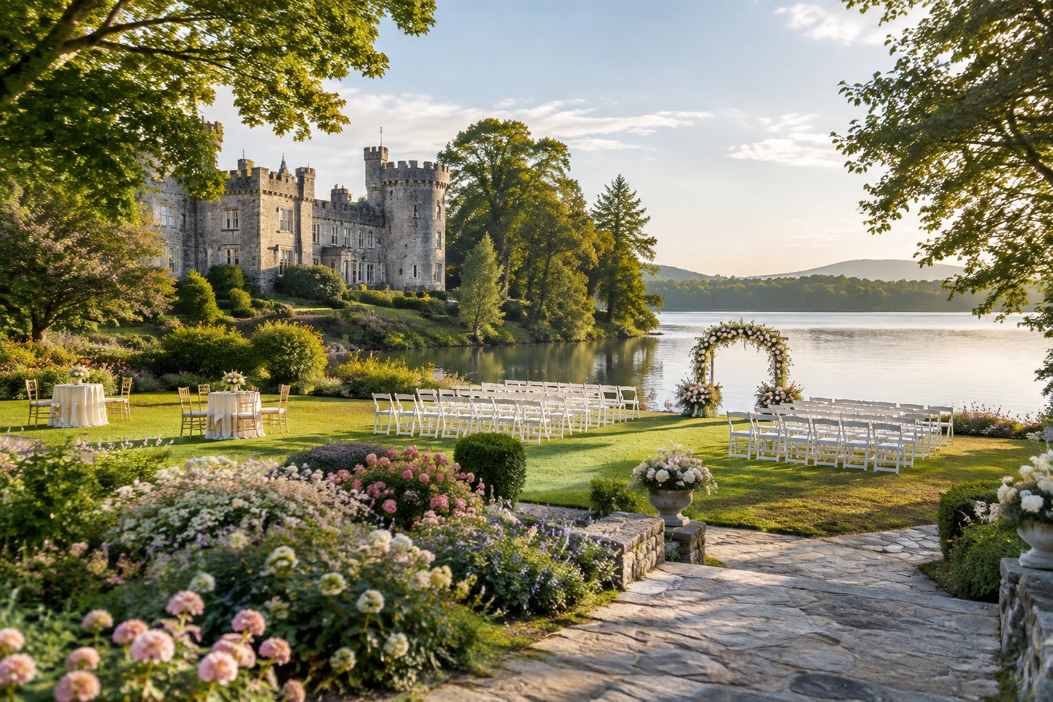 A historic castle wedding venue surrounded by gardens beside a calm lake.