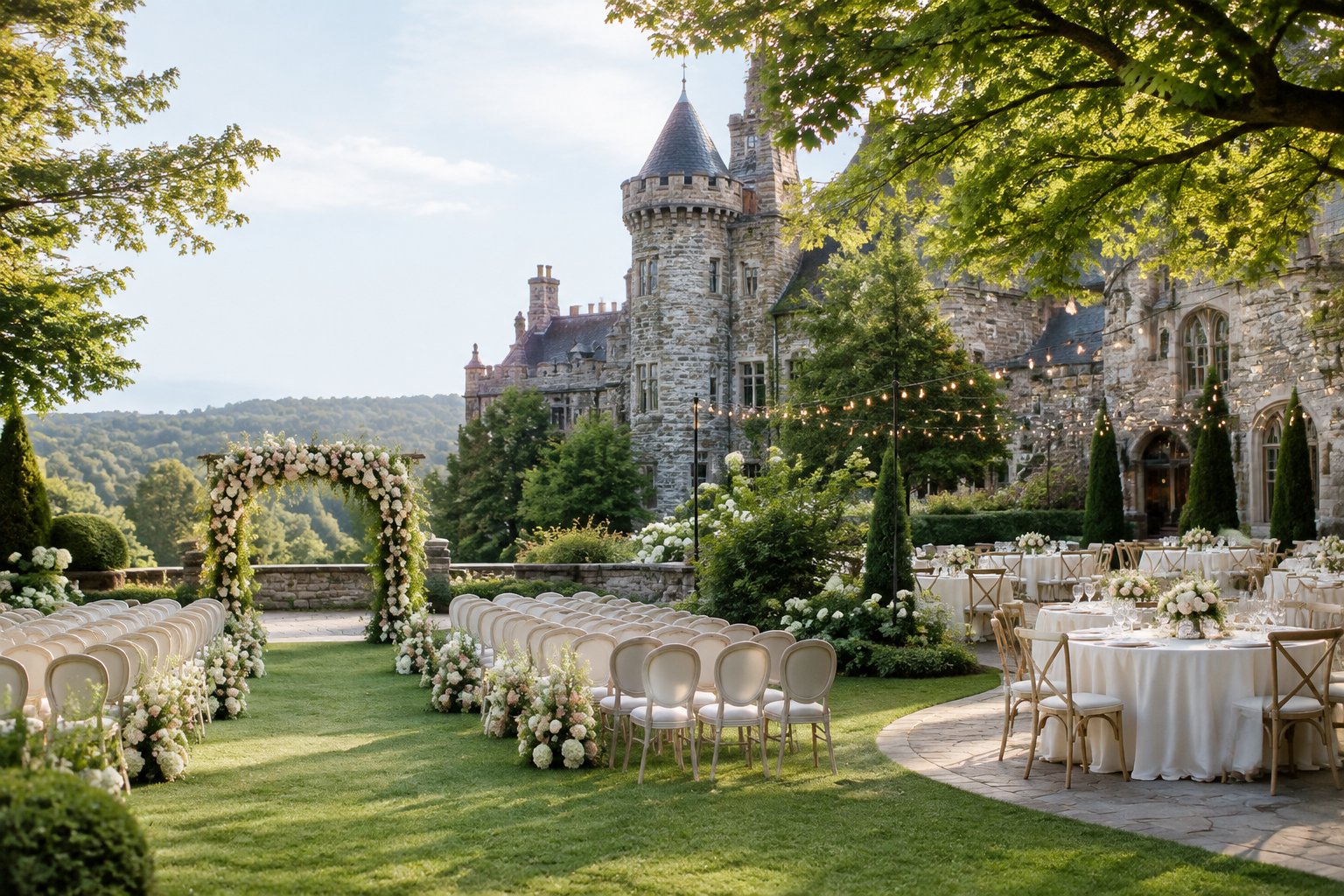 Elegant wedding ceremony and reception settings on the grounds of a historic stone castle.
